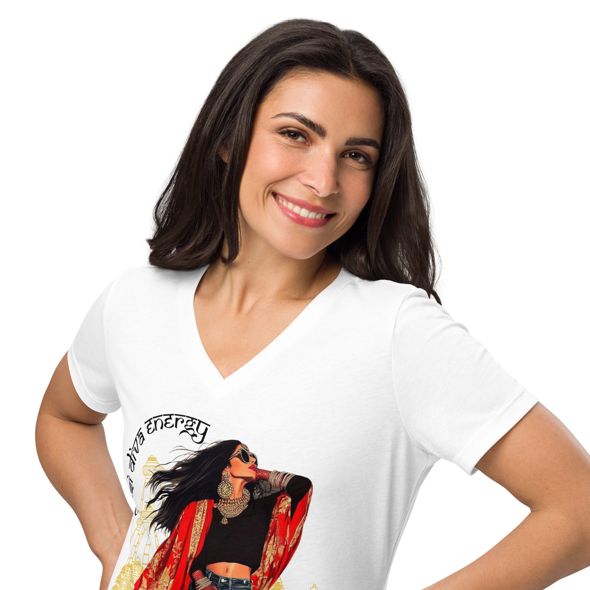 Modern Desi Vibes V-Neck T-Shirt – Where Heritage Meets Modern Style featuring modern Desi fashion with a fusion of tradition and streetwear style.