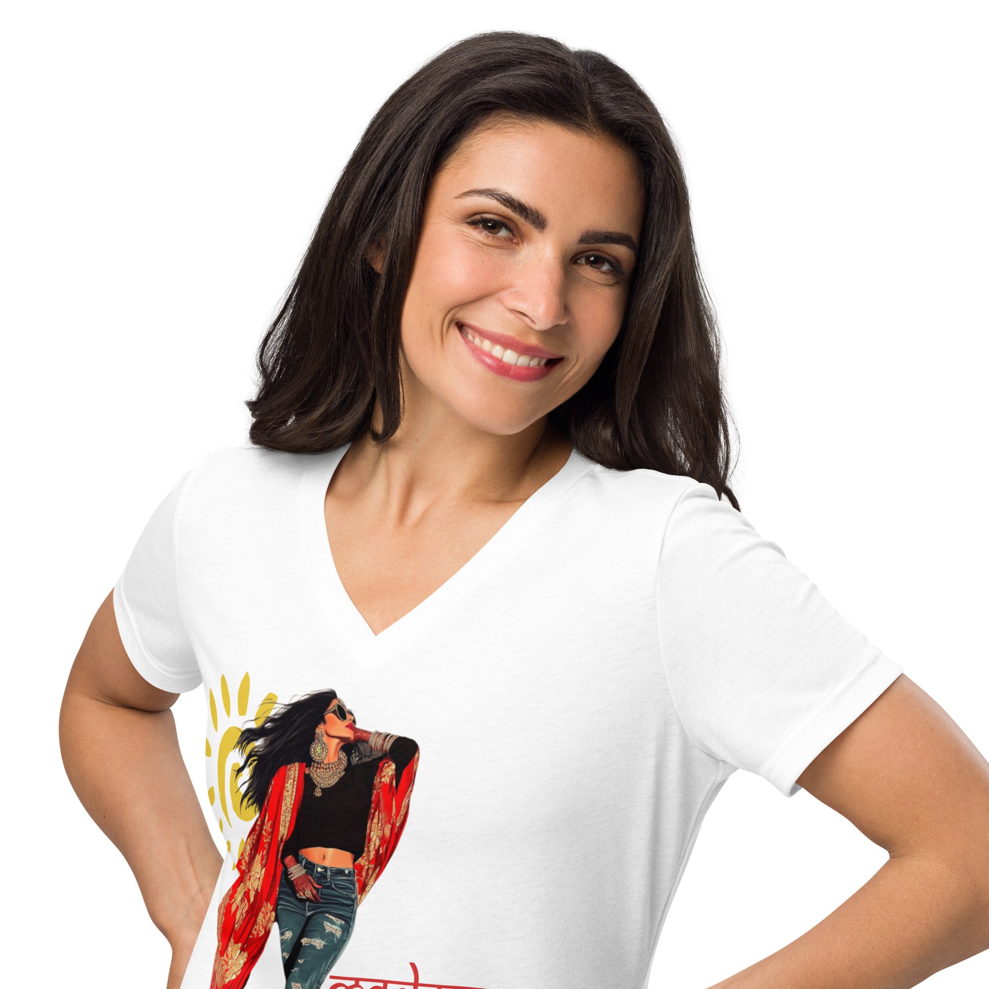 Desi Diva Energy V-Neck T-Shirt – Bold, Fearless & Culturally Empowered featuring modern Desi fashion with a fusion of tradition and streetwear style.