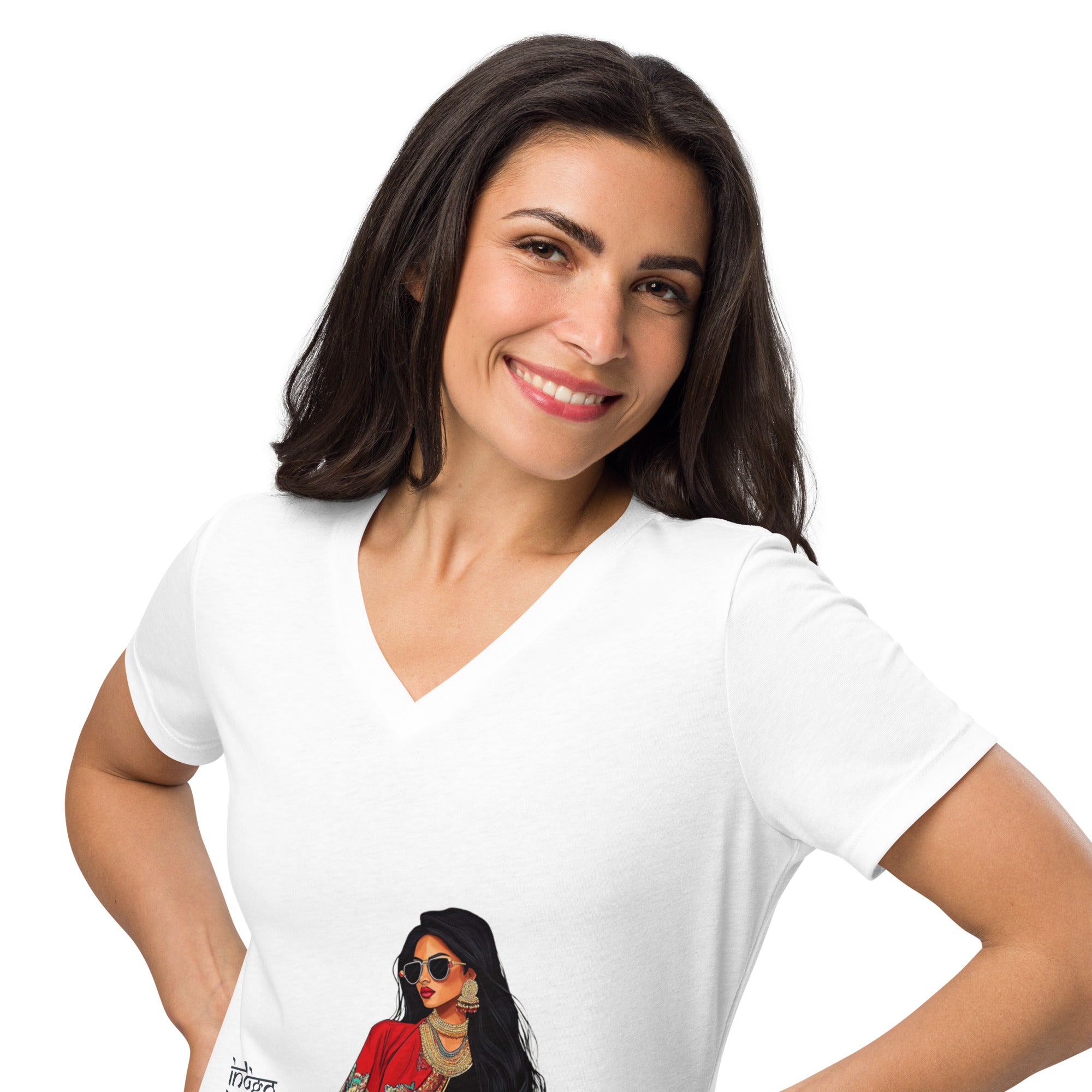 Indigo Journeys V-Neck T-Shirt – A Tribute to Resilience & Heritage featuring modern Desi fashion with a fusion of tradition and streetwear style.