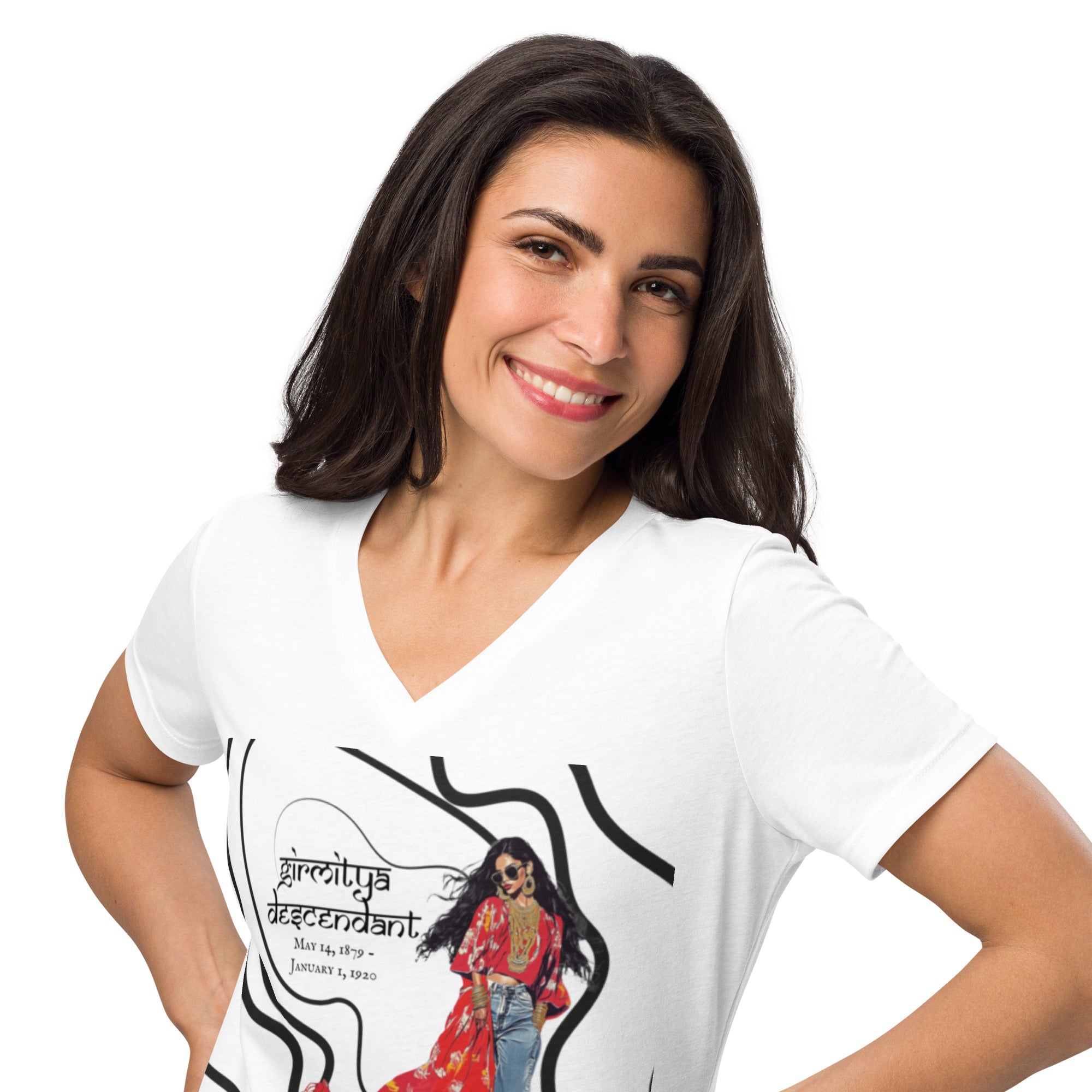 Girmitya Descendant V-Neck T-Shirt – Honor Your Heritage in Style featuring modern Desi fashion with a fusion of tradition and streetwear style.