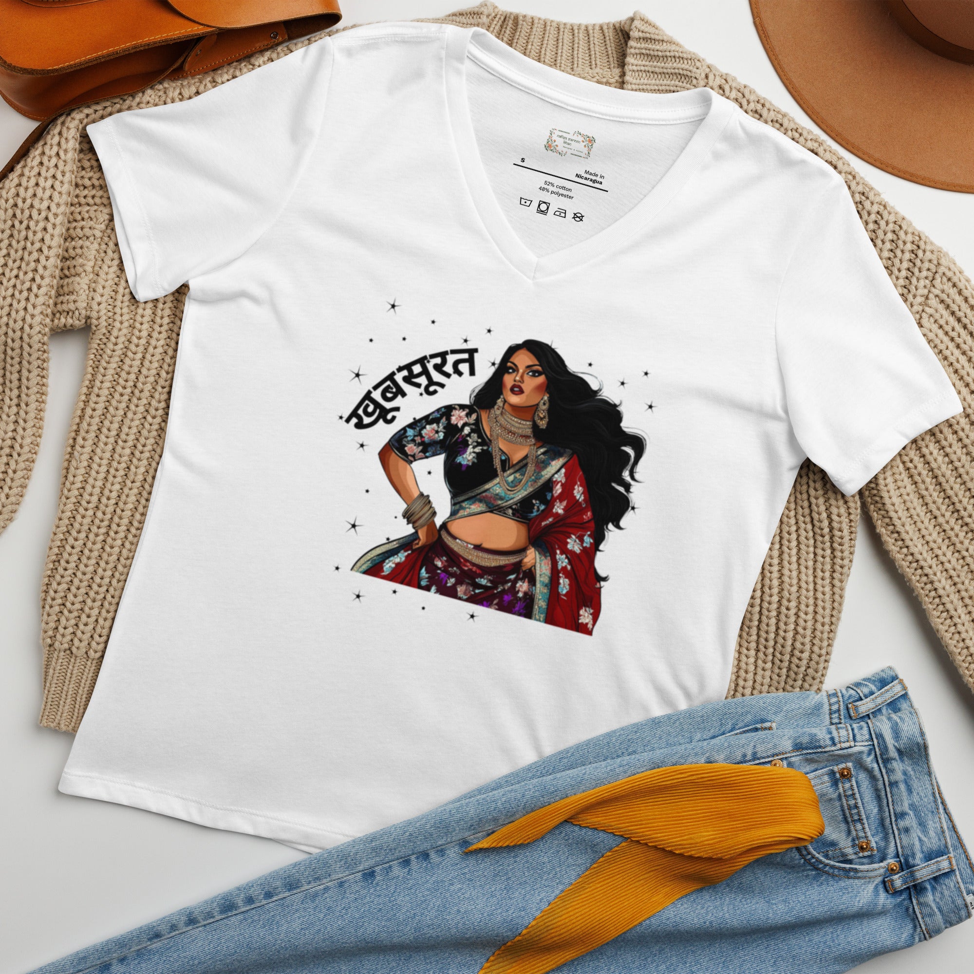 Khubsurat Beautiful V-Neck T-Shirt featuring modern Desi fashion with a fusion of tradition and streetwear style.