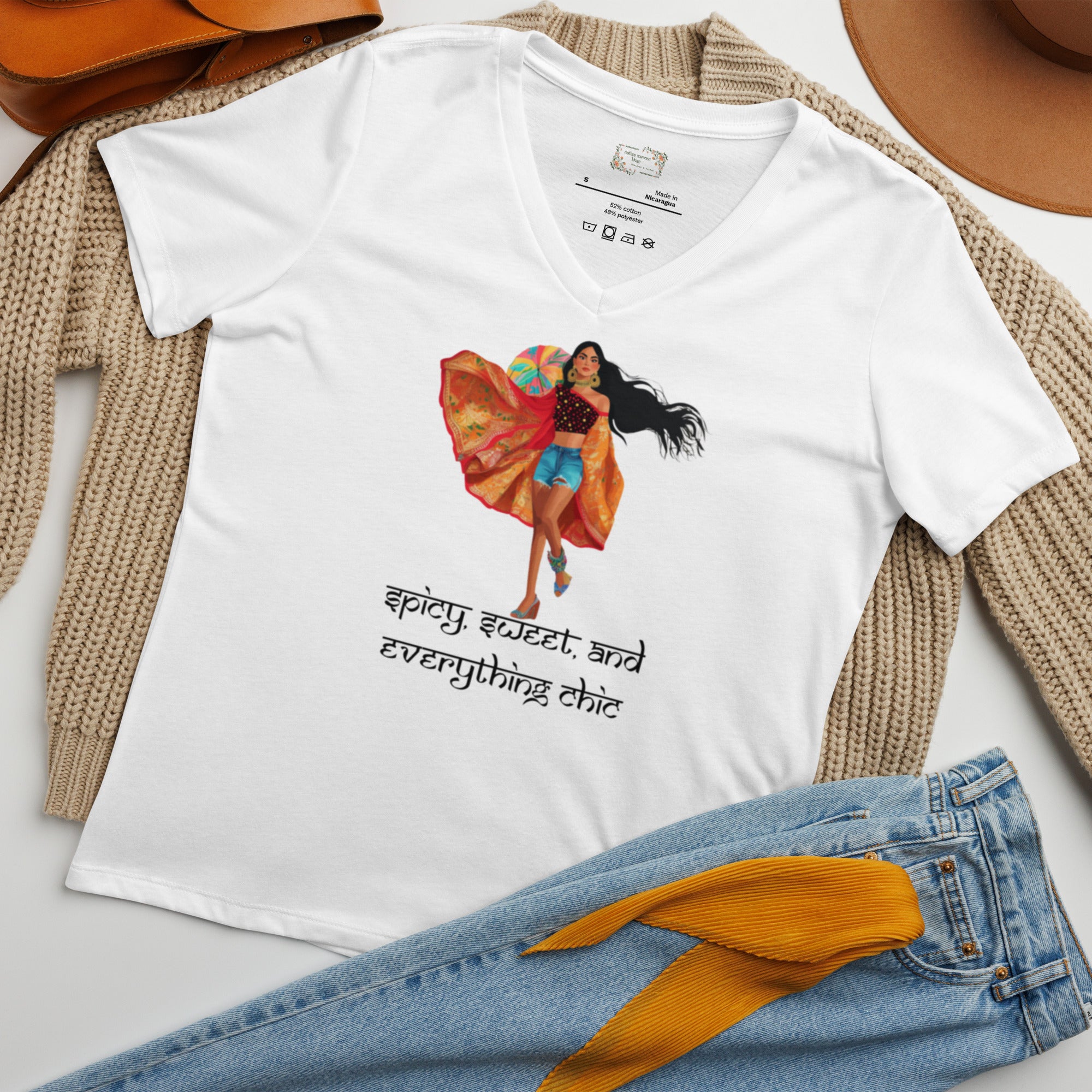 Spicy, Sweet & Everything Chic V-Neck T-Shirt – Own Your Confidence featuring modern Desi fashion with a fusion of tradition and streetwear style.