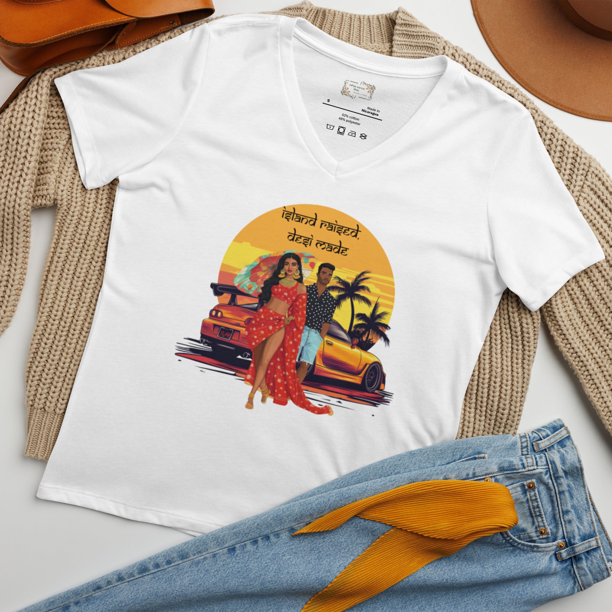 Island Raised, Desi Made V-Neck T-Shirt – Where Culture Meets Cool featuring modern Desi fashion with a fusion of tradition and streetwear style.