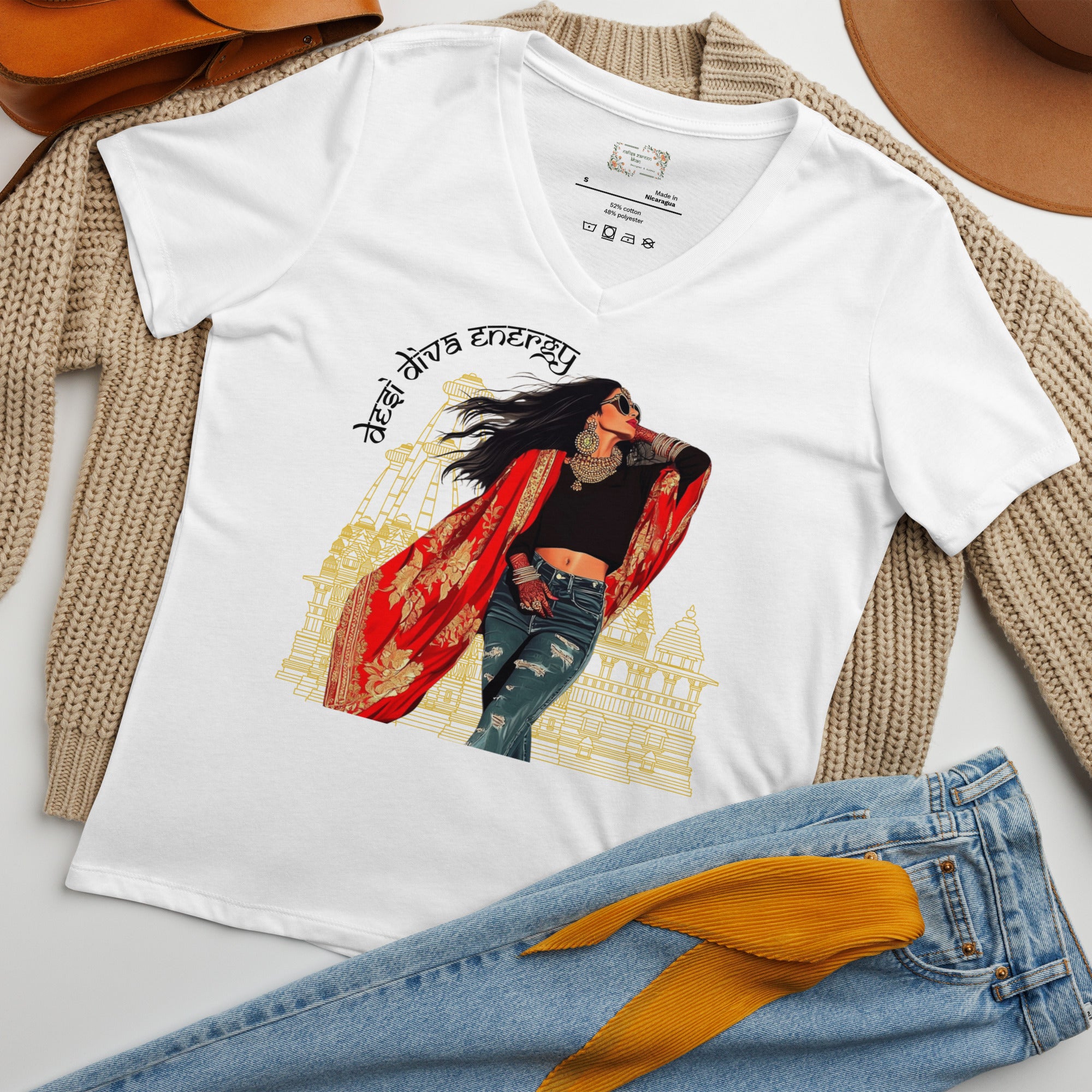Modern Desi Vibes V-Neck T-Shirt – Where Heritage Meets Modern Style featuring modern Desi fashion with a fusion of tradition and streetwear style.