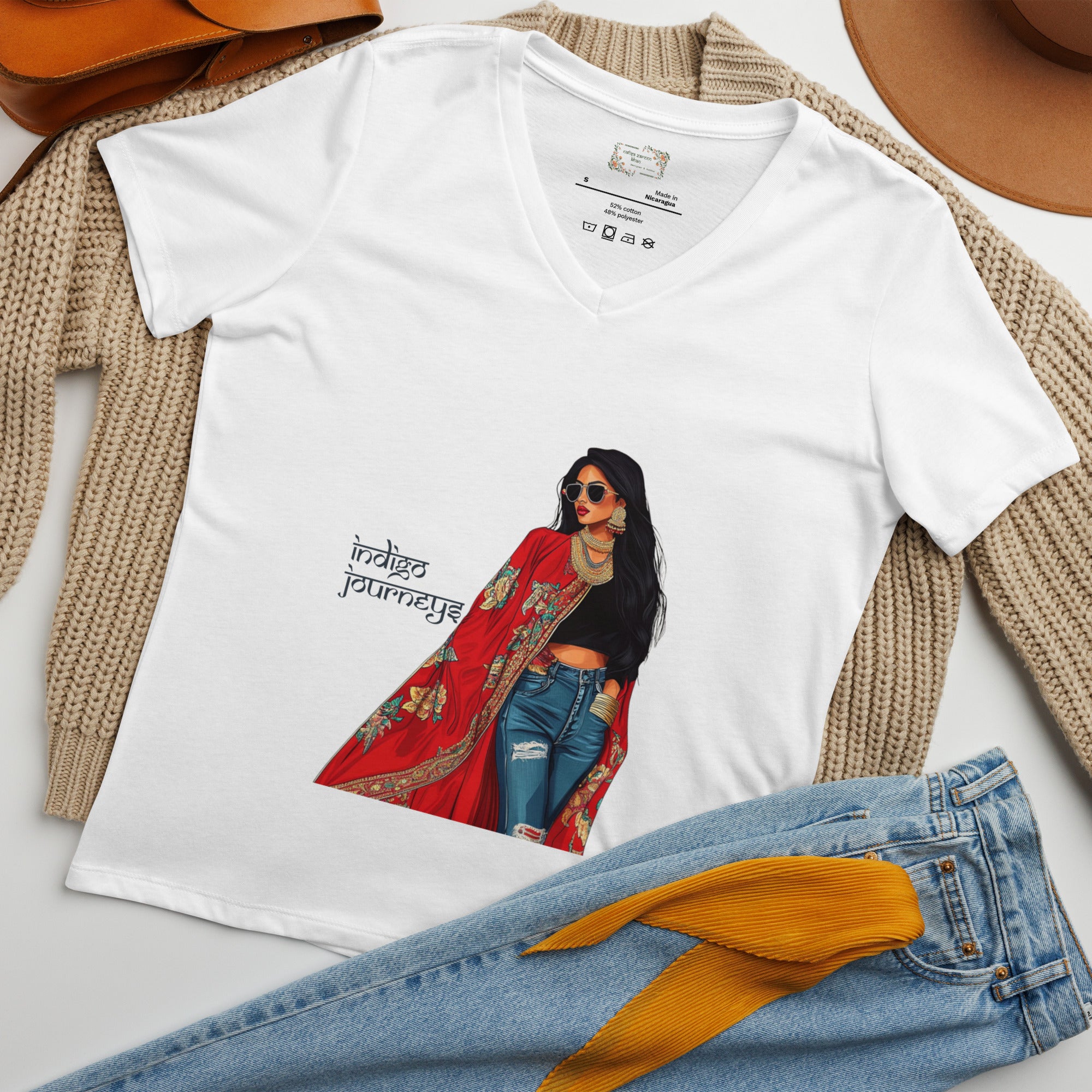 Indigo Journeys V-Neck T-Shirt – A Tribute to Resilience & Heritage featuring modern Desi fashion with a fusion of tradition and streetwear style.