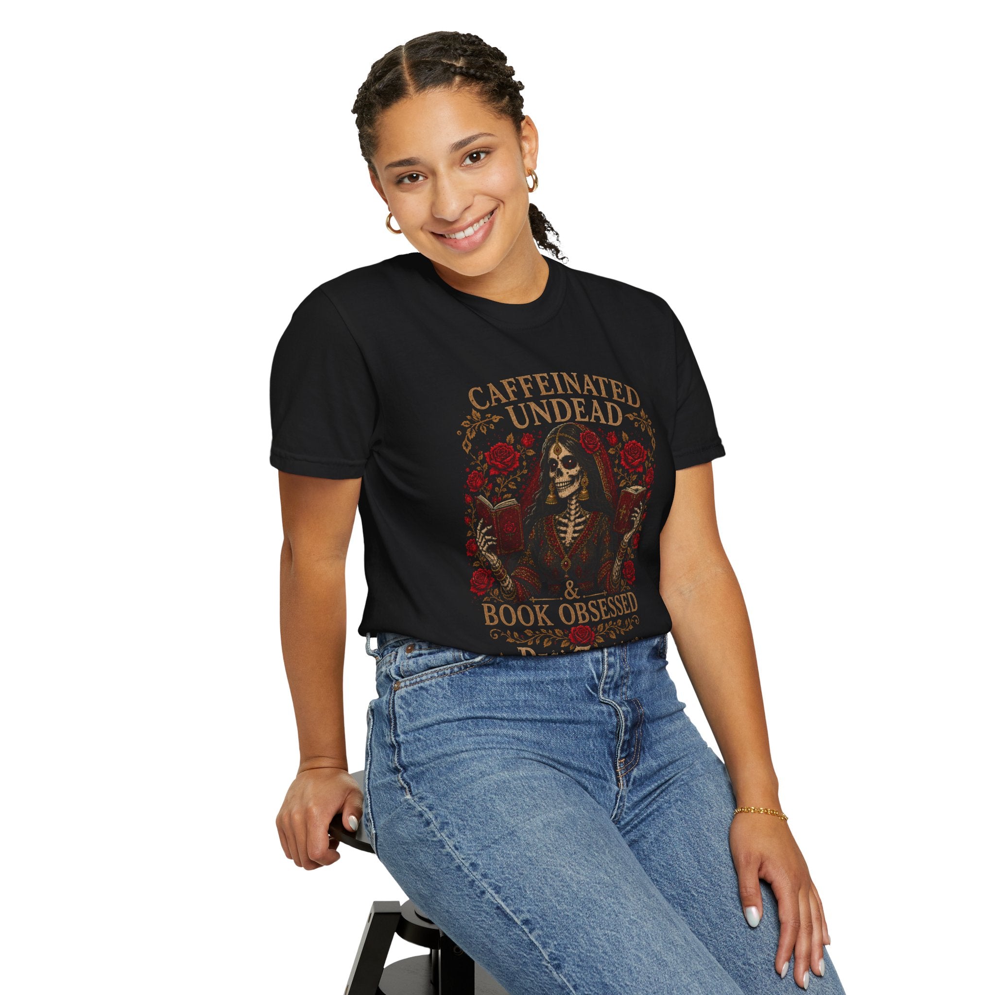 Desi Zombies® Caffeinated Undead & Book Obsessed Tee — Gothic Skeleton Reader T-Shirt