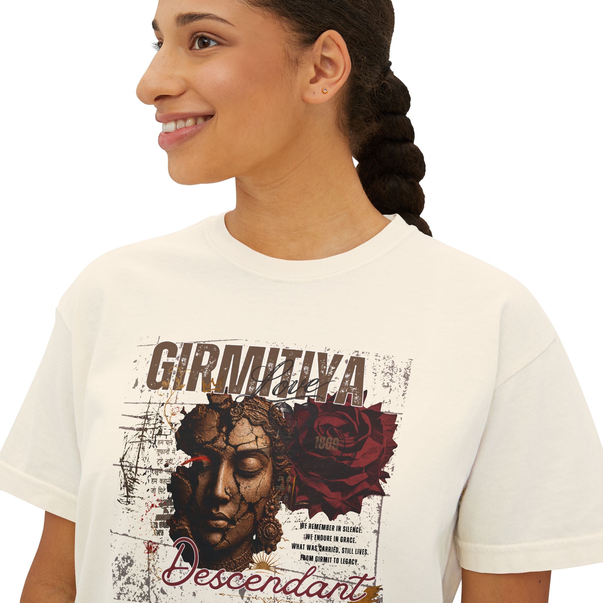 Boxy Tee — 'Girmitiya Descendant' Vintage Rose Graphic Crop Shirt