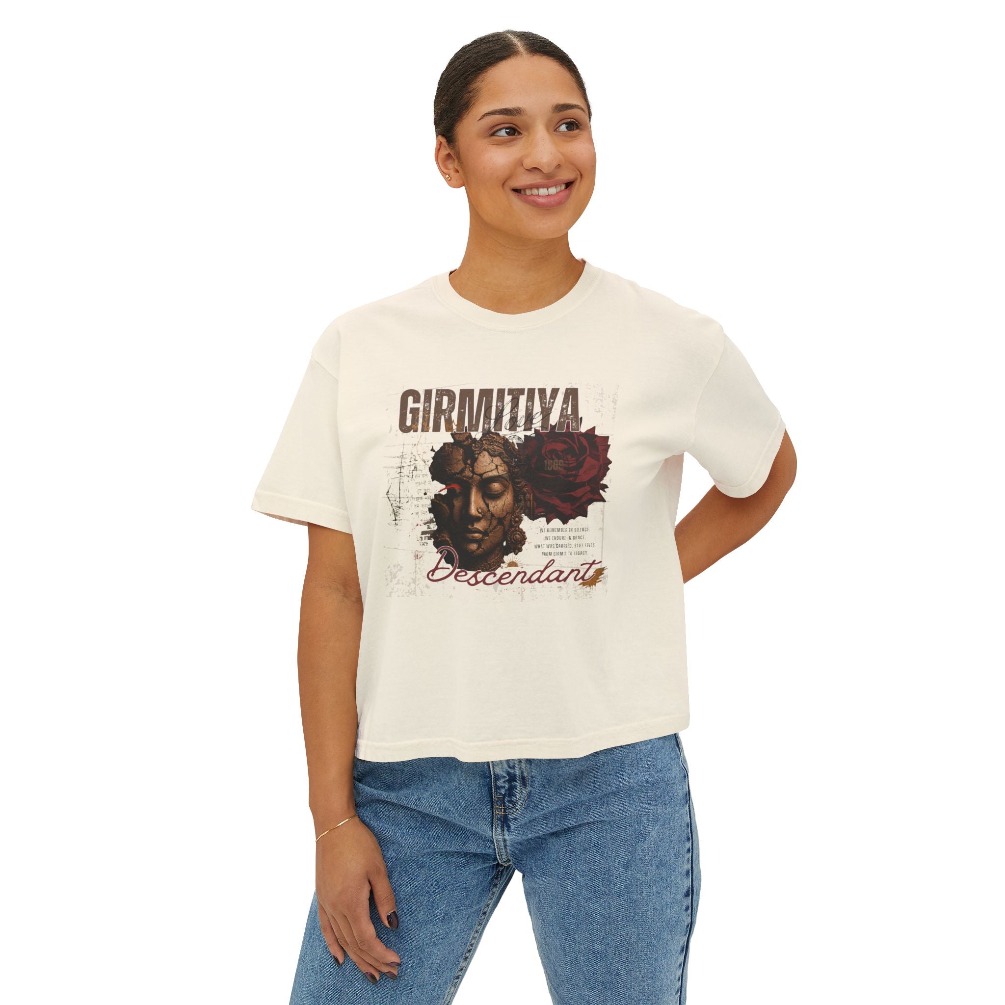 Boxy Tee — 'Girmitiya Descendant' Vintage Rose Graphic Crop Shirt