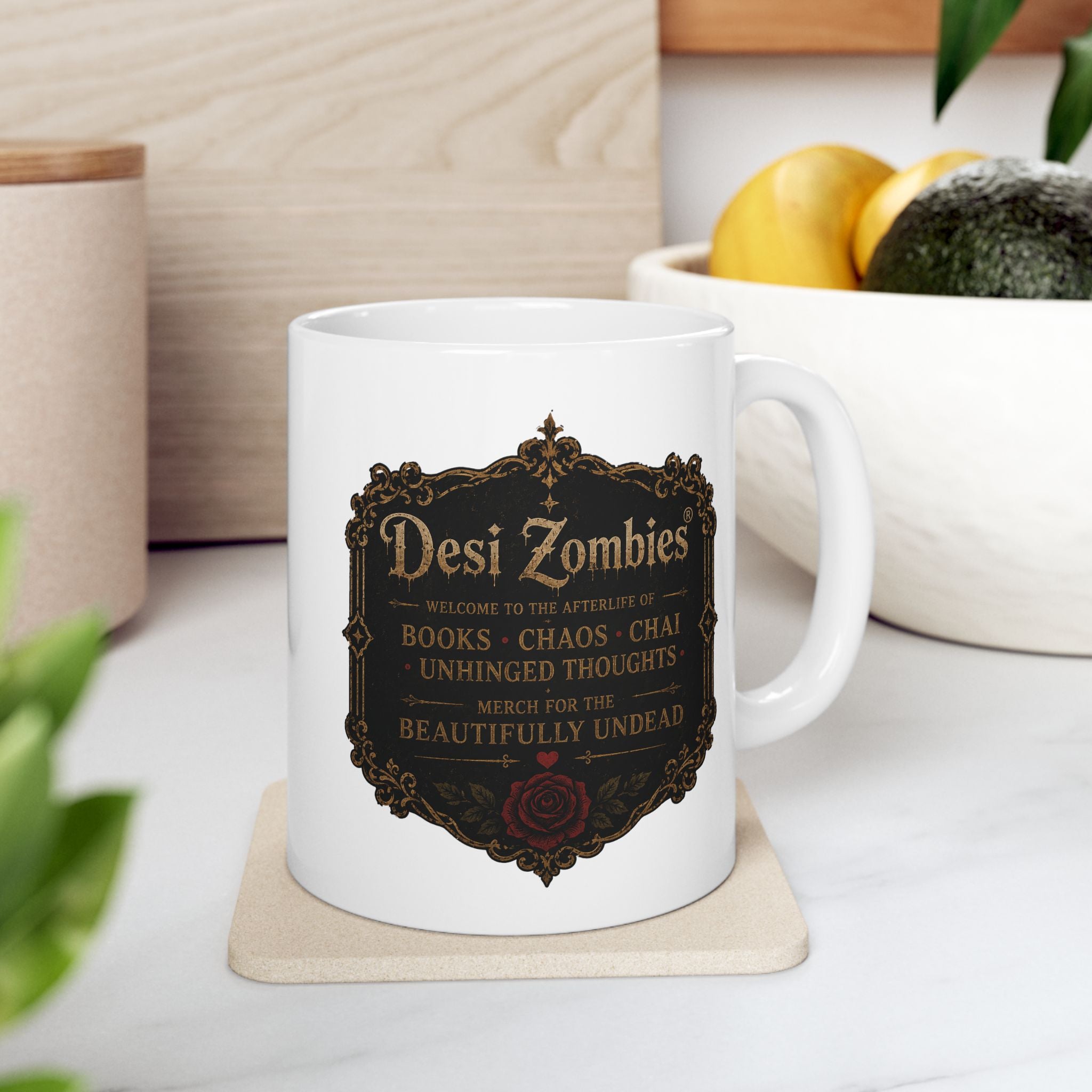 Desi Zombies® Coffee Mug — Vintage Antique Frame ‘Dark Things’ Gothic Tea Cup (11oz/15oz)