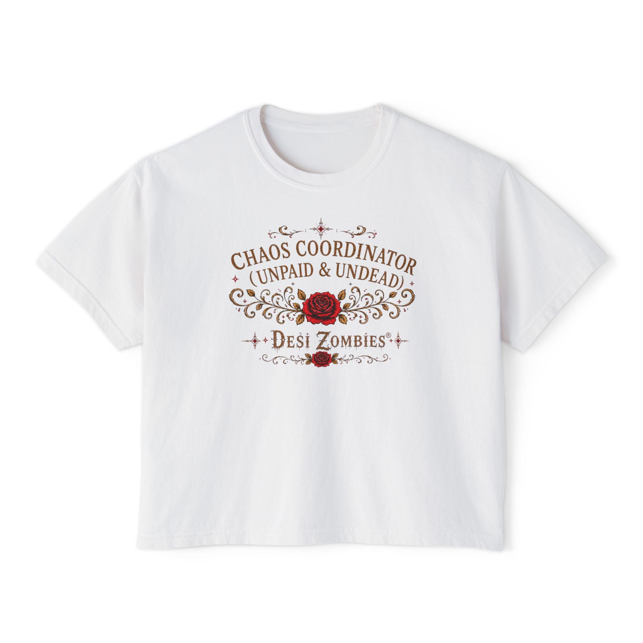 Chaos Coordinator Unpaid & Undead Women's Boxy Tee – Desi Zombies® Graphic Shirt