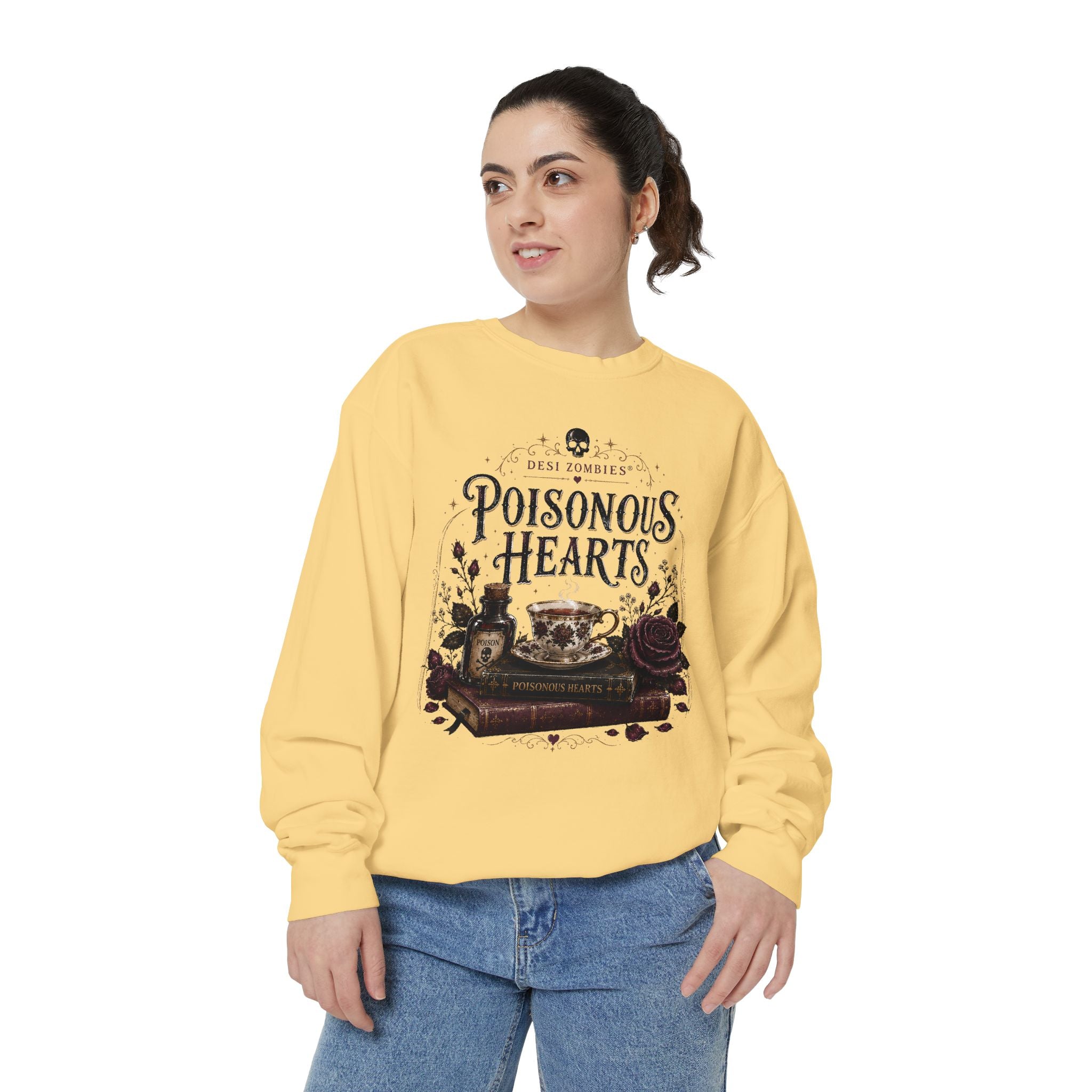 Poisonous Hearts Sweatshirt — Desi Zombies Gothic Rose Skull Book Graphic