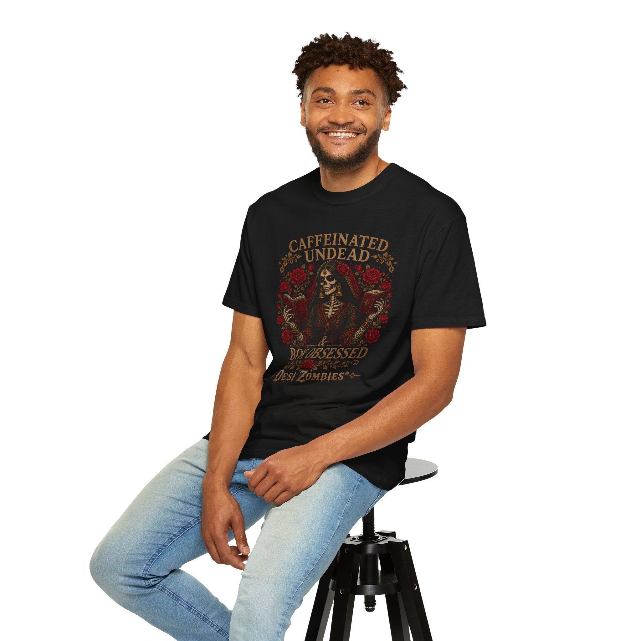 Desi Zombies® Caffeinated Undead & Book Obsessed Tee — Gothic Skeleton Reader T-Shirt