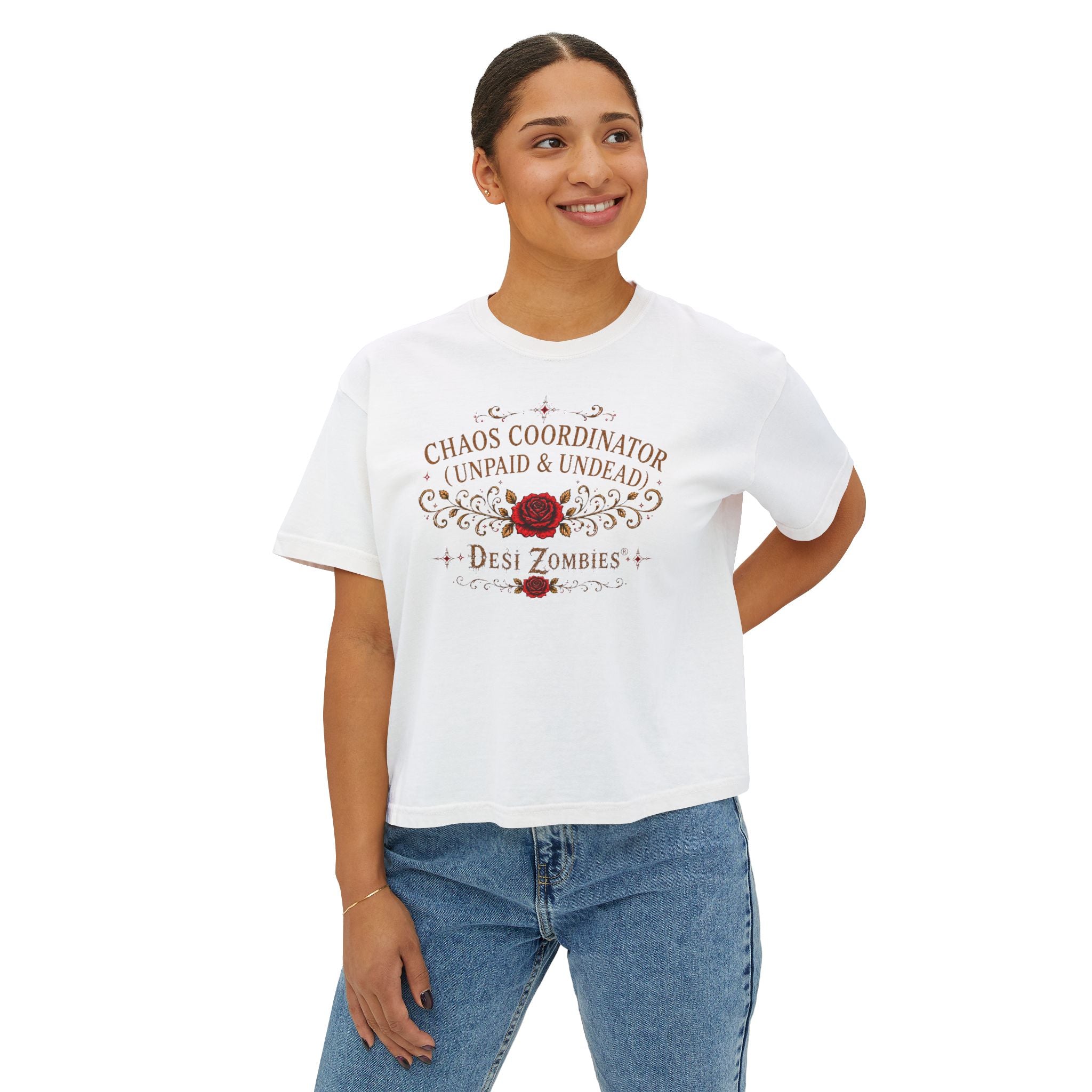 Chaos Coordinator Unpaid & Undead Women's Boxy Tee – Desi Zombies® Graphic Shirt