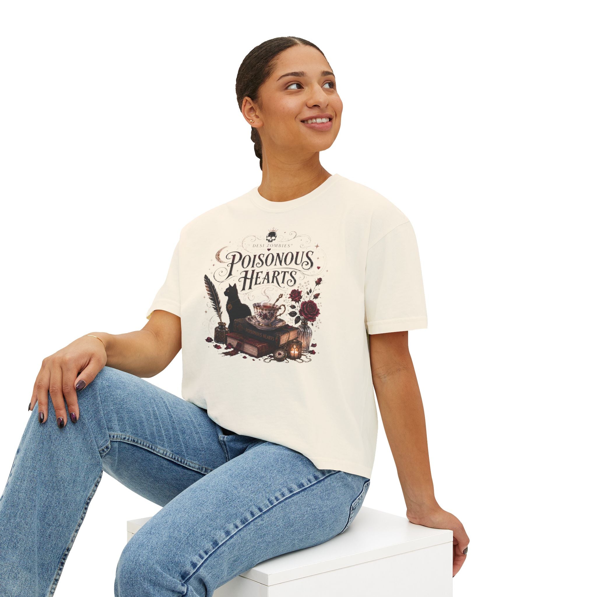 Poisonous Hearts Boxy Tee — Desi Zombies Gothic Cat & Spellbook Graphic