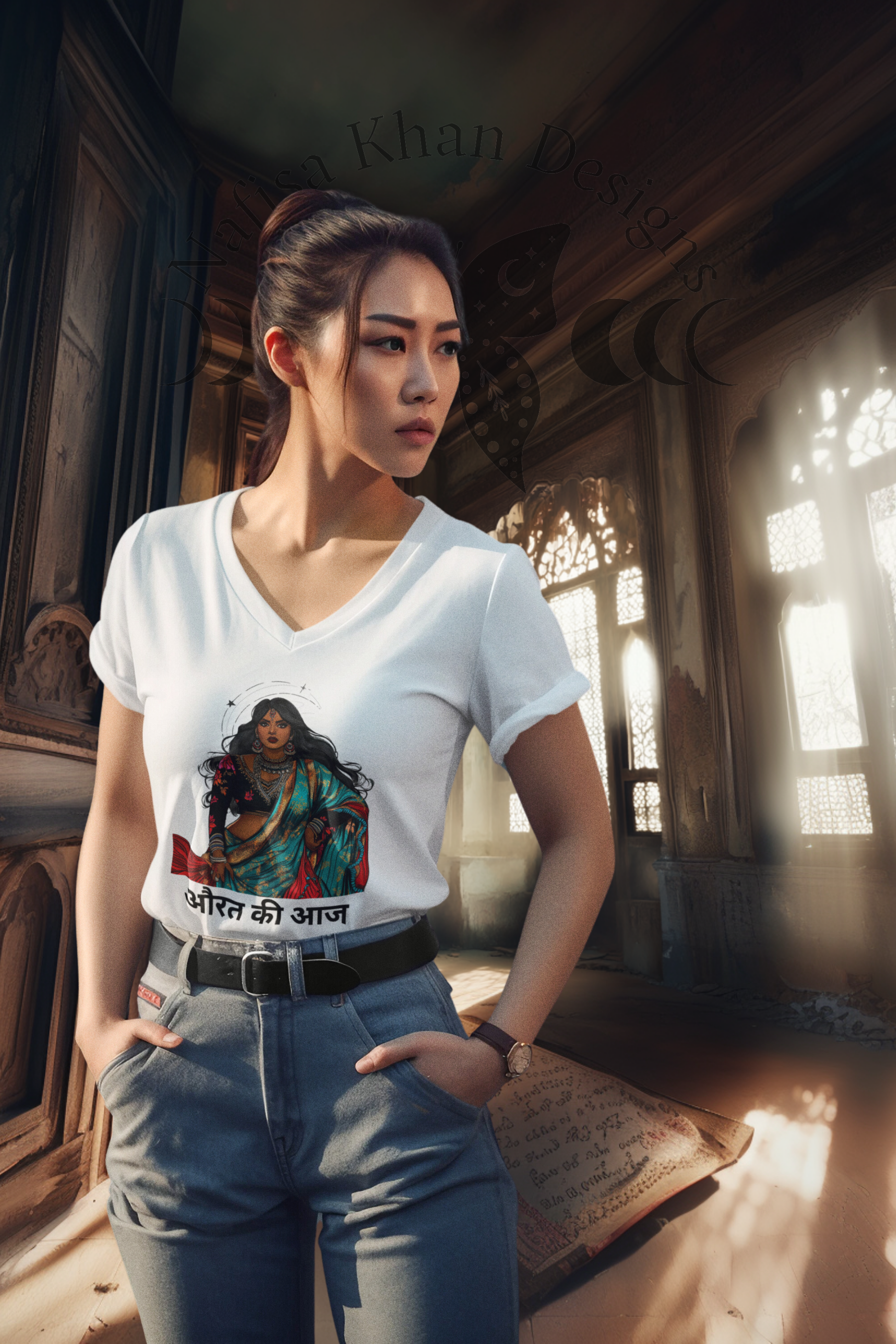 Celebrate strength, resilience, and modern femininity with the औरत की आज (Aaj Ki Aurat - Today's Woman) V-Neck T-Shirt. 