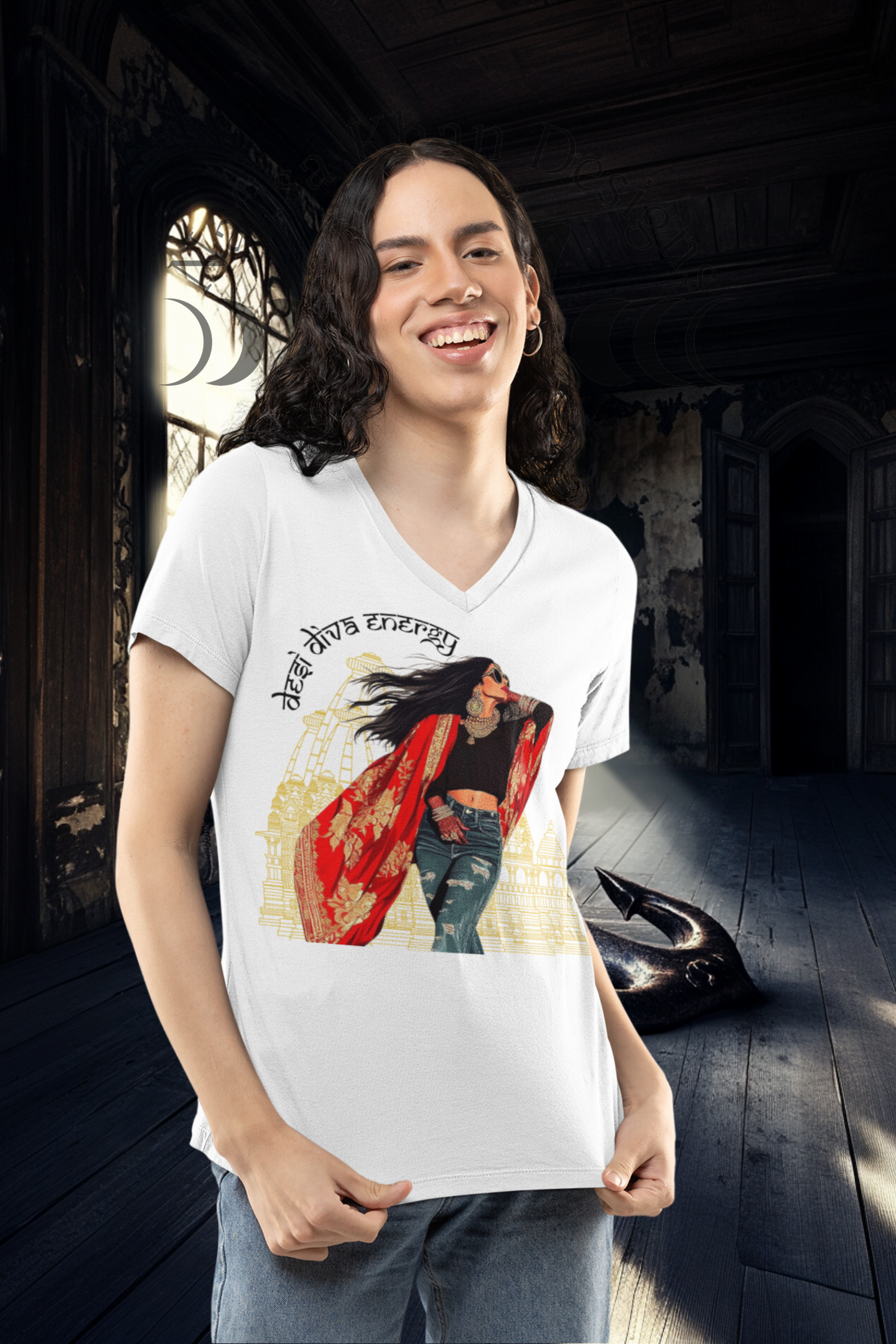 Desi Diva Energy V-Neck T-Shirt – Bold, Fearless &amp; Culturally Empowered  featuring modern Desi fashion with a fusion of tradition and streetwear style.