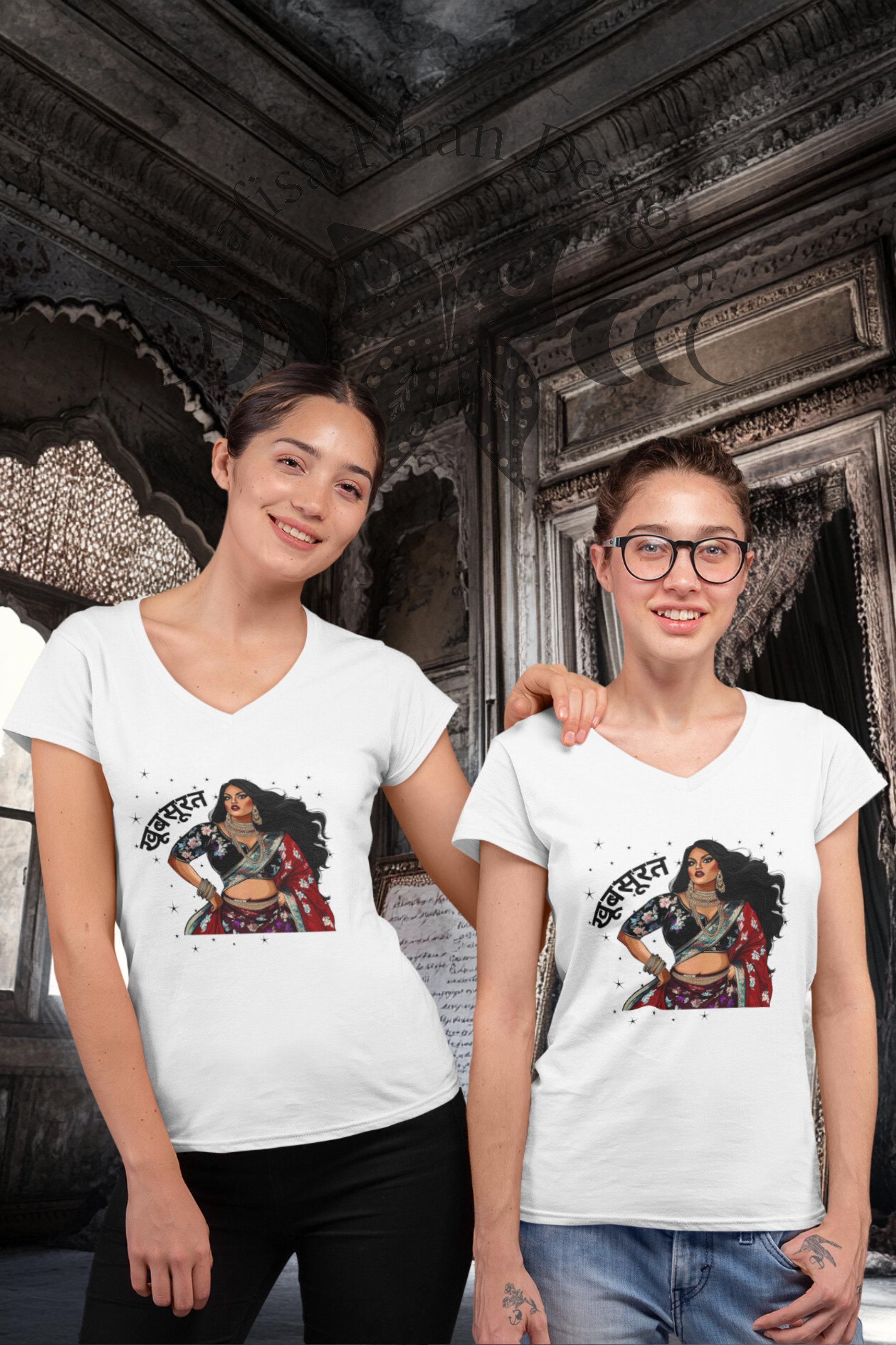 Khubsurat Beautiful V-Neck T-Shirt featuring modern Desi fashion with a fusion of tradition and streetwear style.