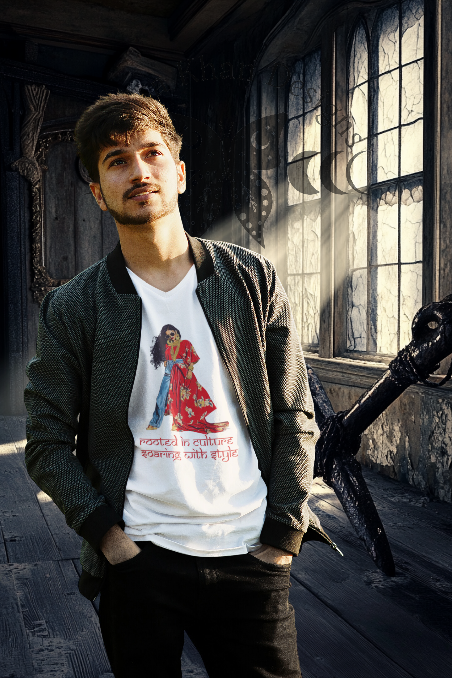 Rooted in Culture, Soaring with Style V-Neck T-Shirt – A Statement of Heritage & Modern Fashion featuring modern Desi fashion with a fusion of tradition and streetwear style.