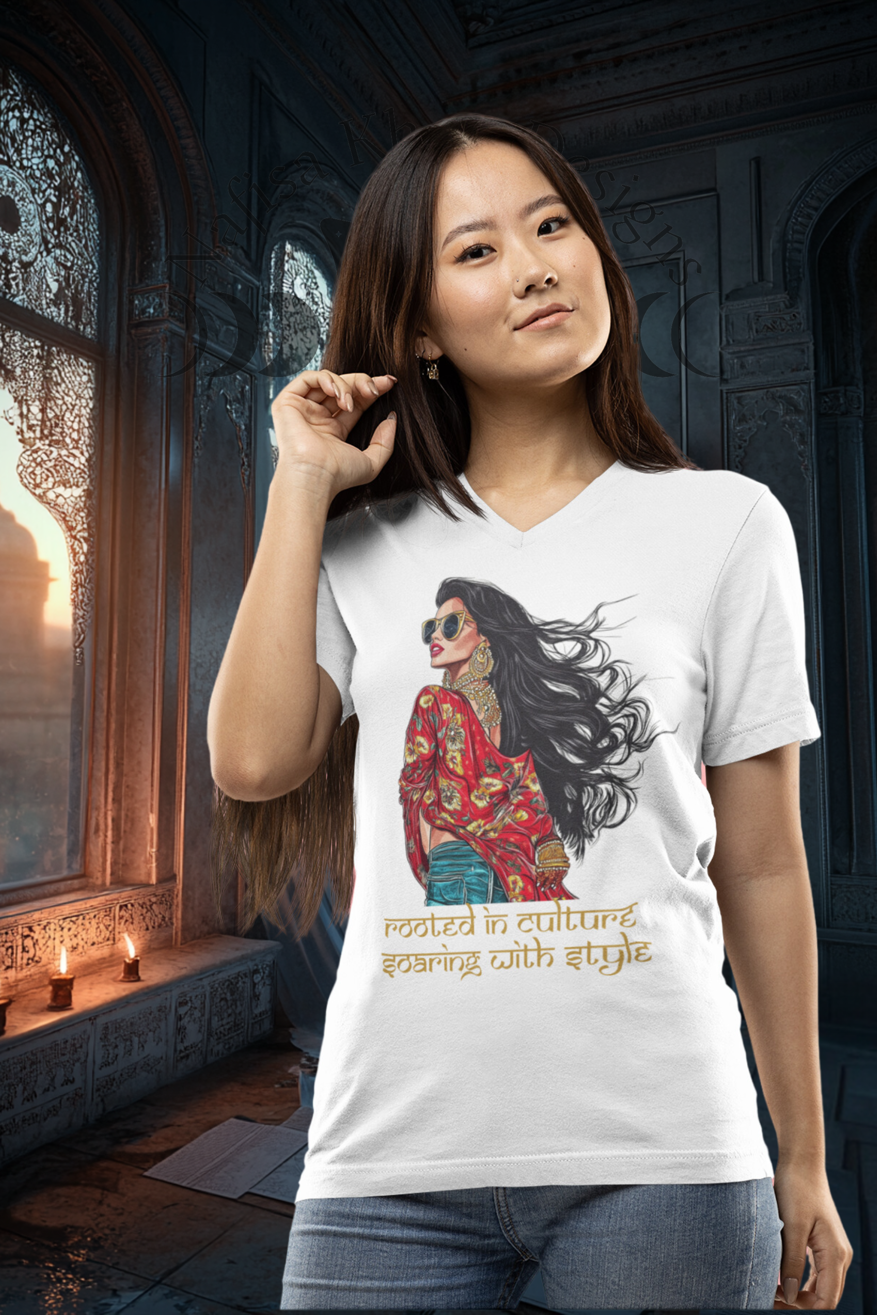Rooted in Culture, Soaring with Style V-Neck T-Shirt – Wear Your Heritage with Confidence featuring modern Desi fashion with a fusion of tradition and streetwear style.