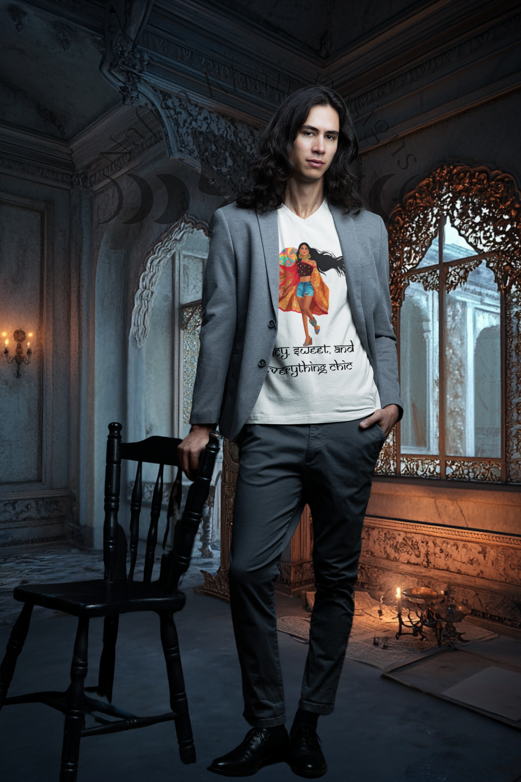 Spicy, Sweet &amp; Everything Chic V-Neck T-Shirt – Own Your Confidence featuring modern Desi fashion with a fusion of tradition and streetwear style.