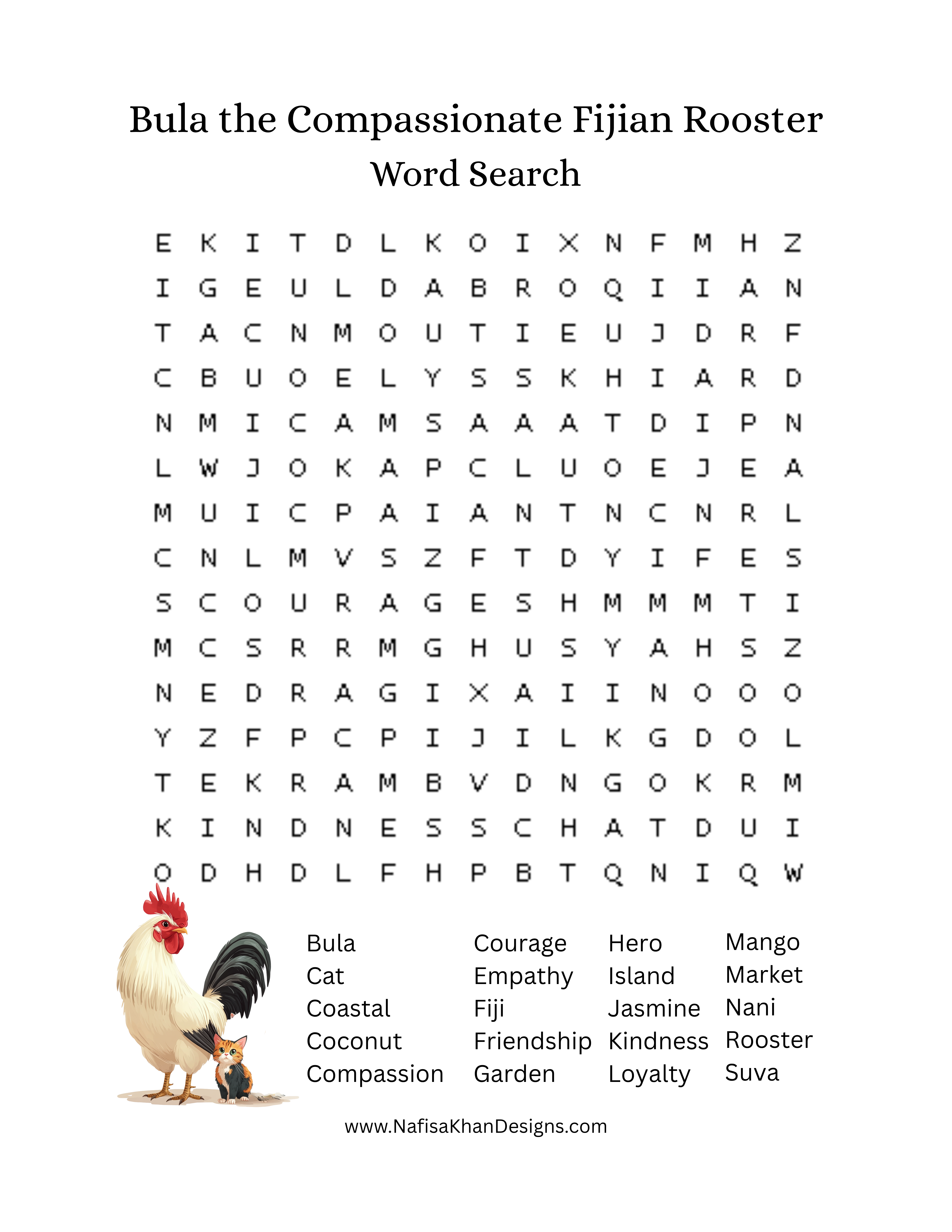Bula the Compassionate Fijian Rooster - Word Search Puzzle