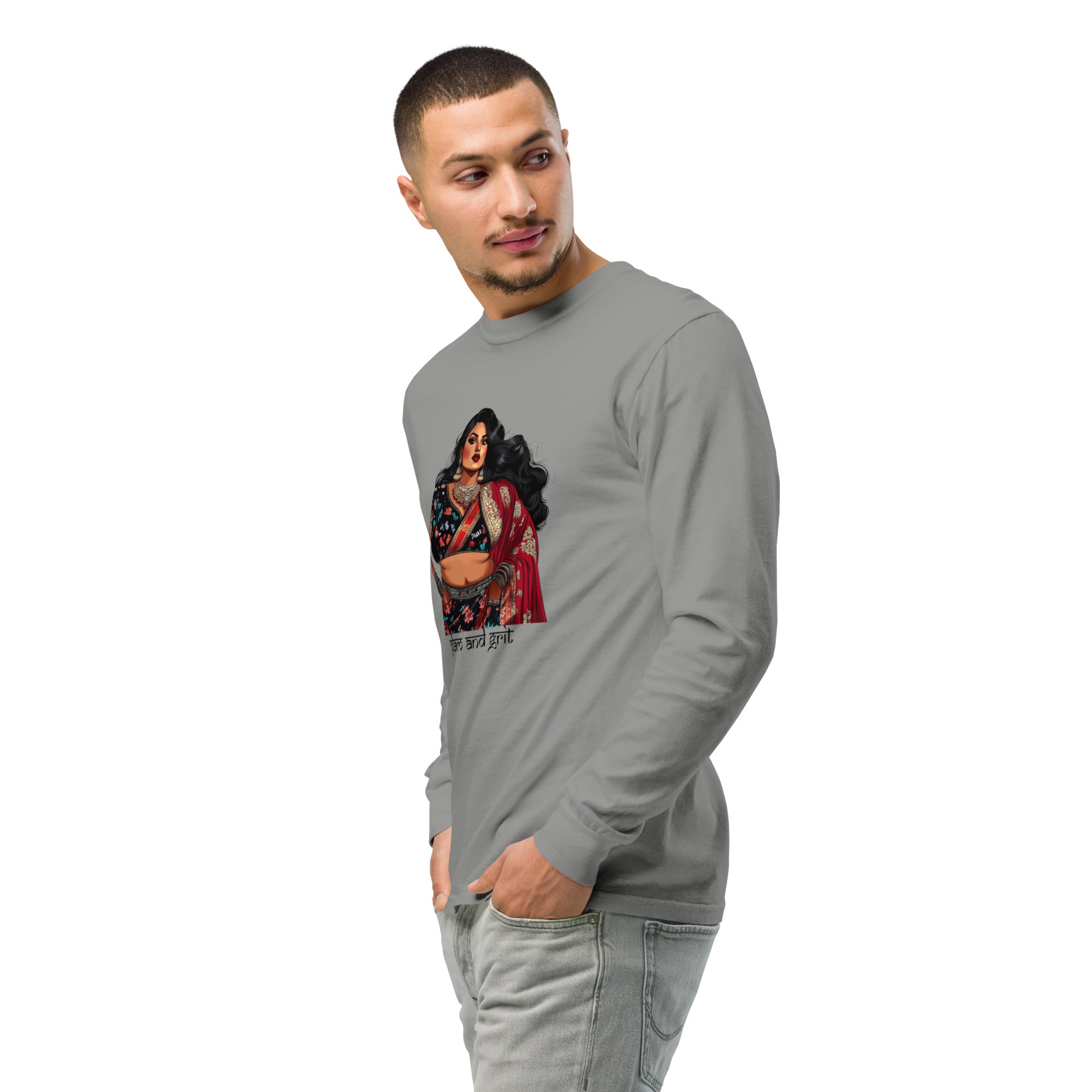 Glam and Grit Desi long-sleeve shirt featuring modern Desi fashion with a fusion of tradition and streetwear style.