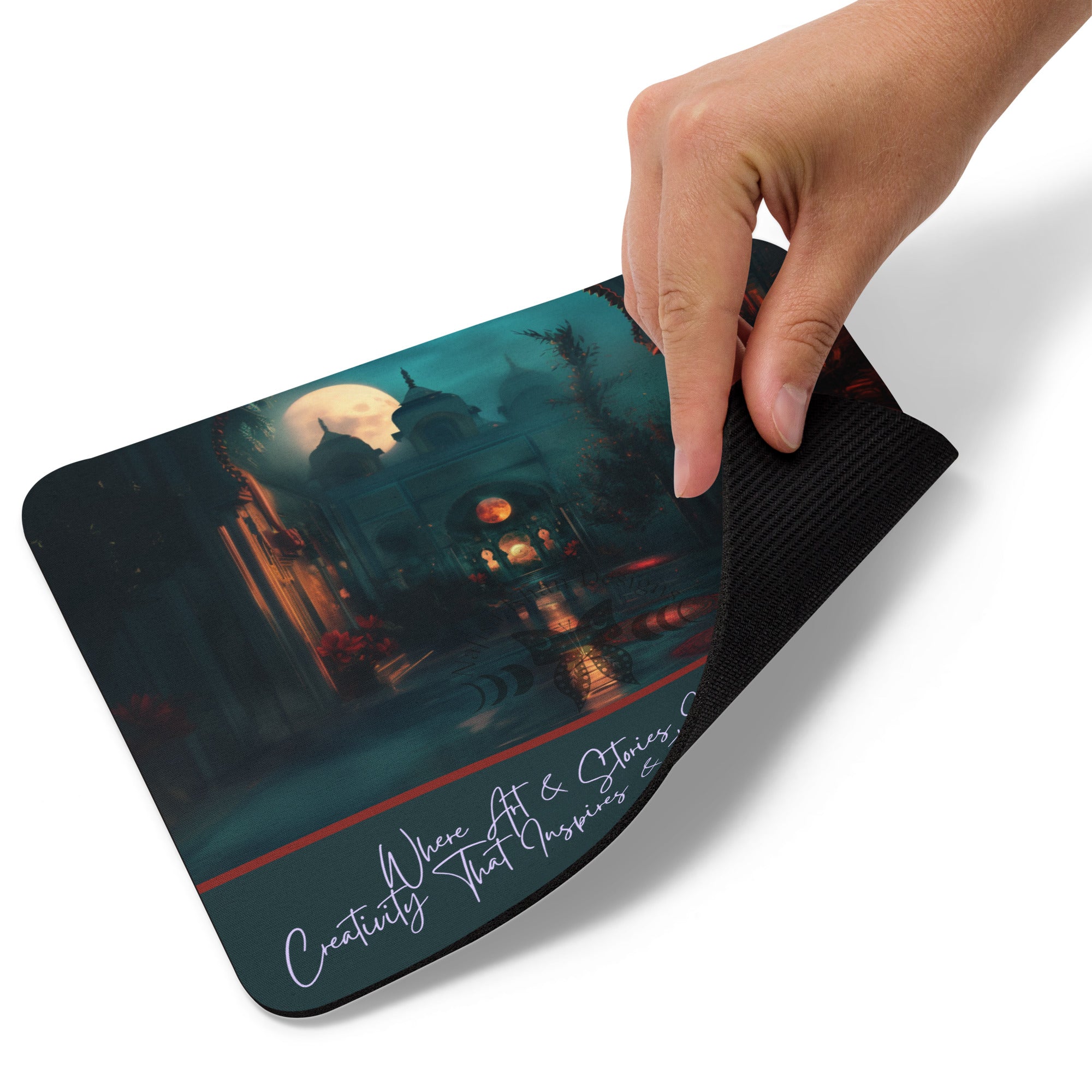 Nafisa Khan Designs - Mystical Moonlit Courtyard Mouse Pad featuring modern Desi fashion with a fusion of tradition and streetwear style.