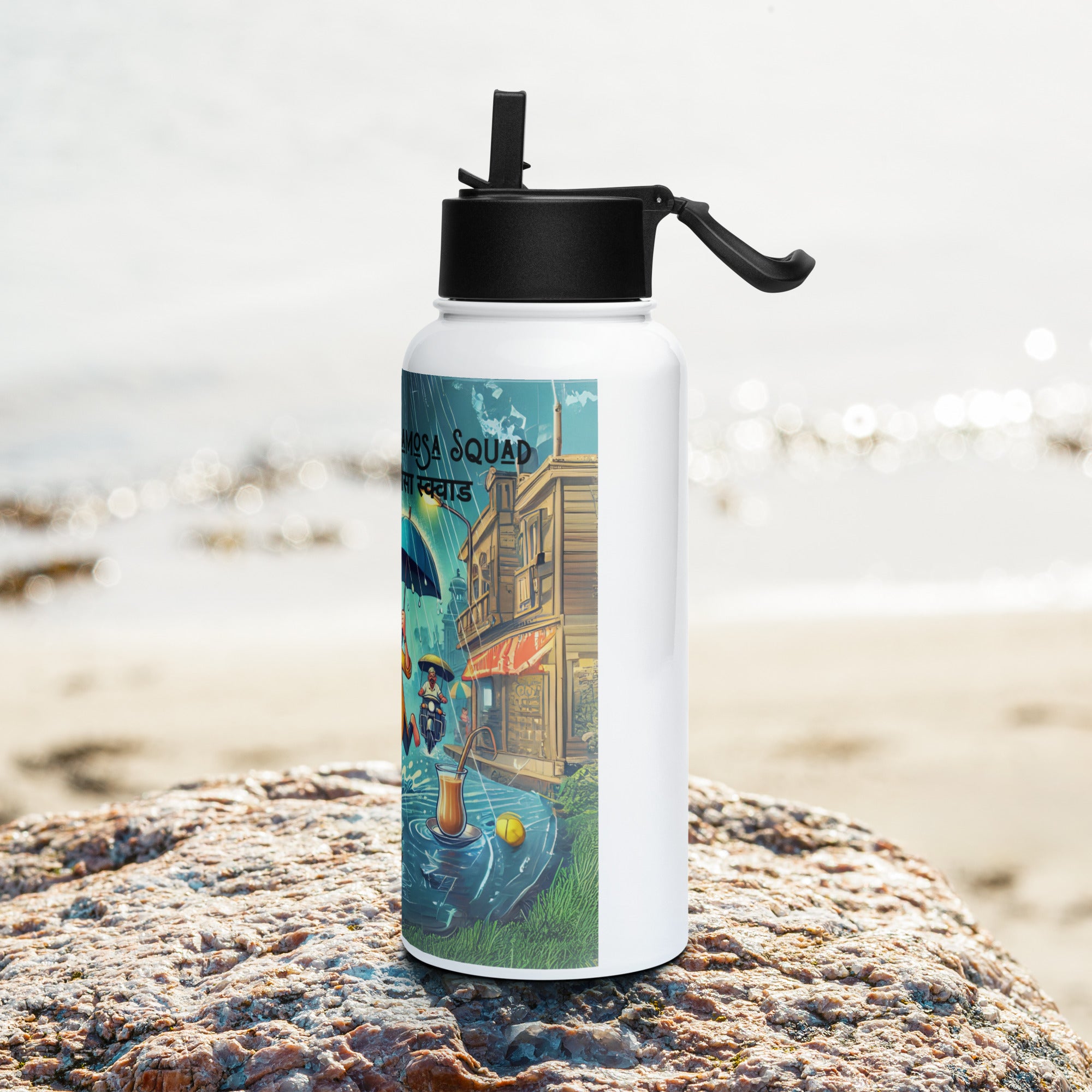Monsoon Mood: Samosa Squad Water Bottle – Hydration with a Nostalgic Twist! featuring modern Desi fashion with a fusion of tradition and streetwear style.