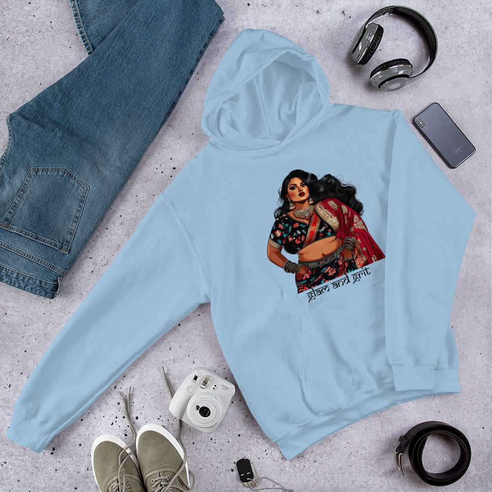 Glam and Grit Pullover Hoodie featuring modern Desi fashion with a fusion of tradition and streetwear style.