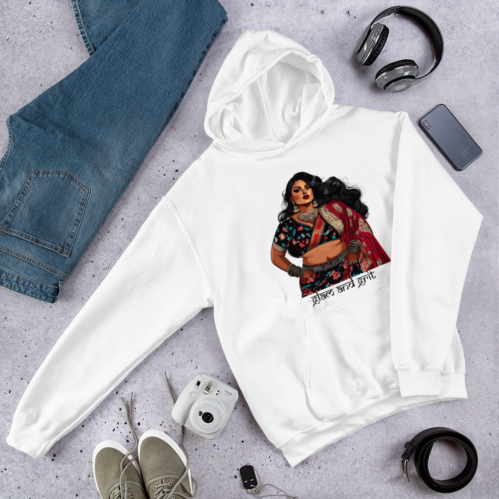 Glam and Grit Pullover Hoodie featuring modern Desi fashion with a fusion of tradition and streetwear style.