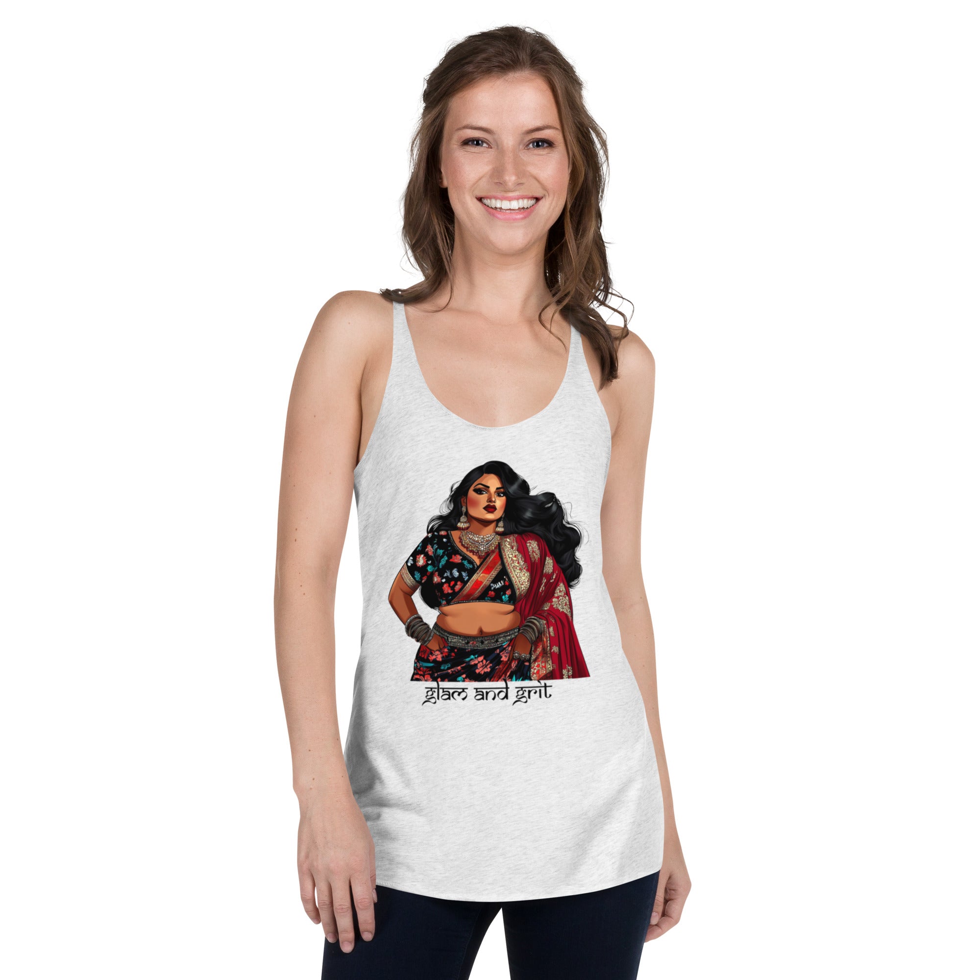 Glam and Grit Racerback Tank – Empowering Women's Activewear with Bold Design.