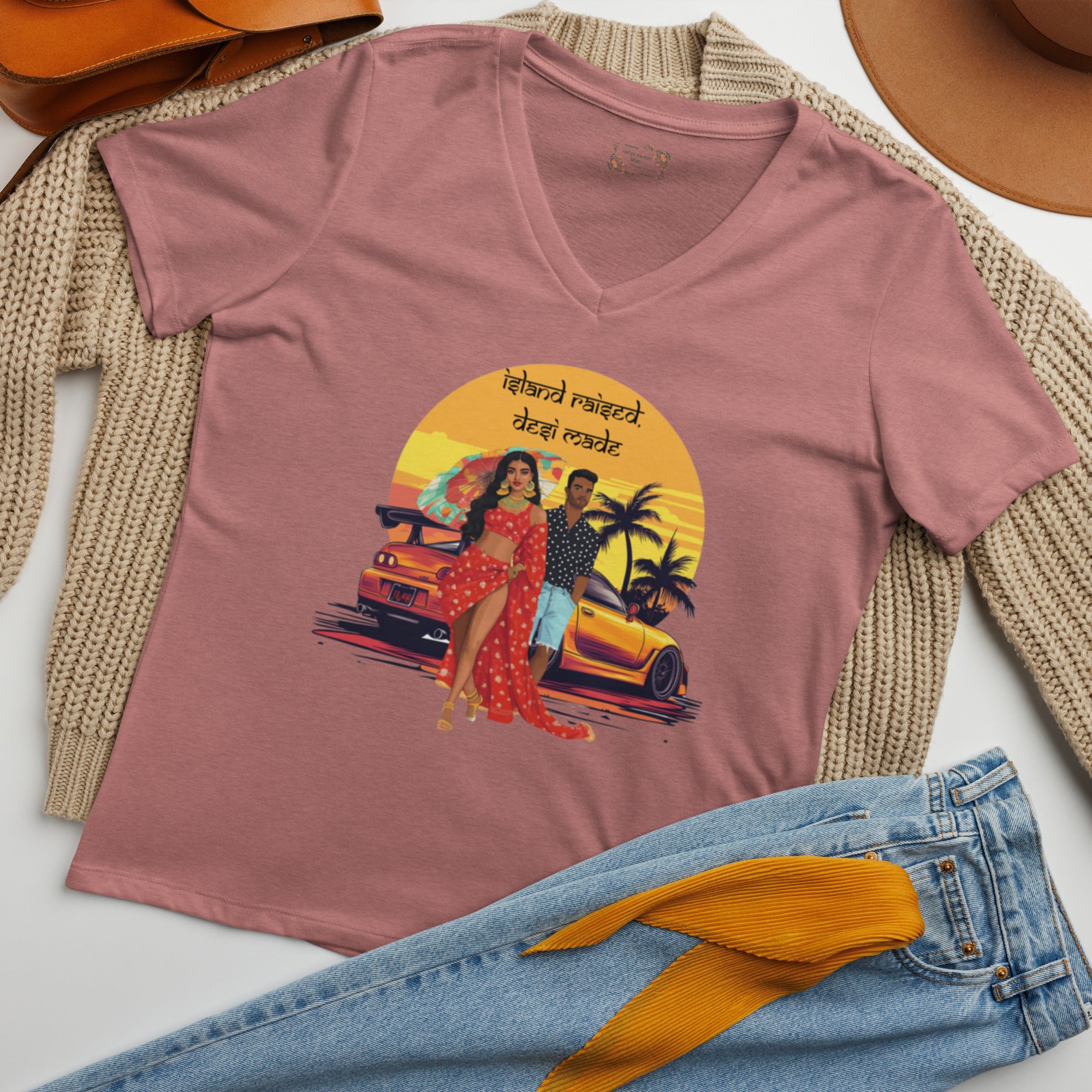 Island Raised, Desi Made V-Neck T-Shirt – Where Culture Meets Cool featuring modern Desi fashion with a fusion of tradition and streetwear style.