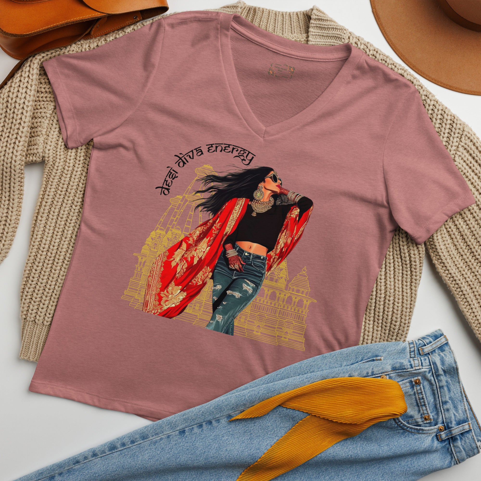 Modern Desi Vibes V-Neck T-Shirt – Where Heritage Meets Modern Style featuring modern Desi fashion with a fusion of tradition and streetwear style.