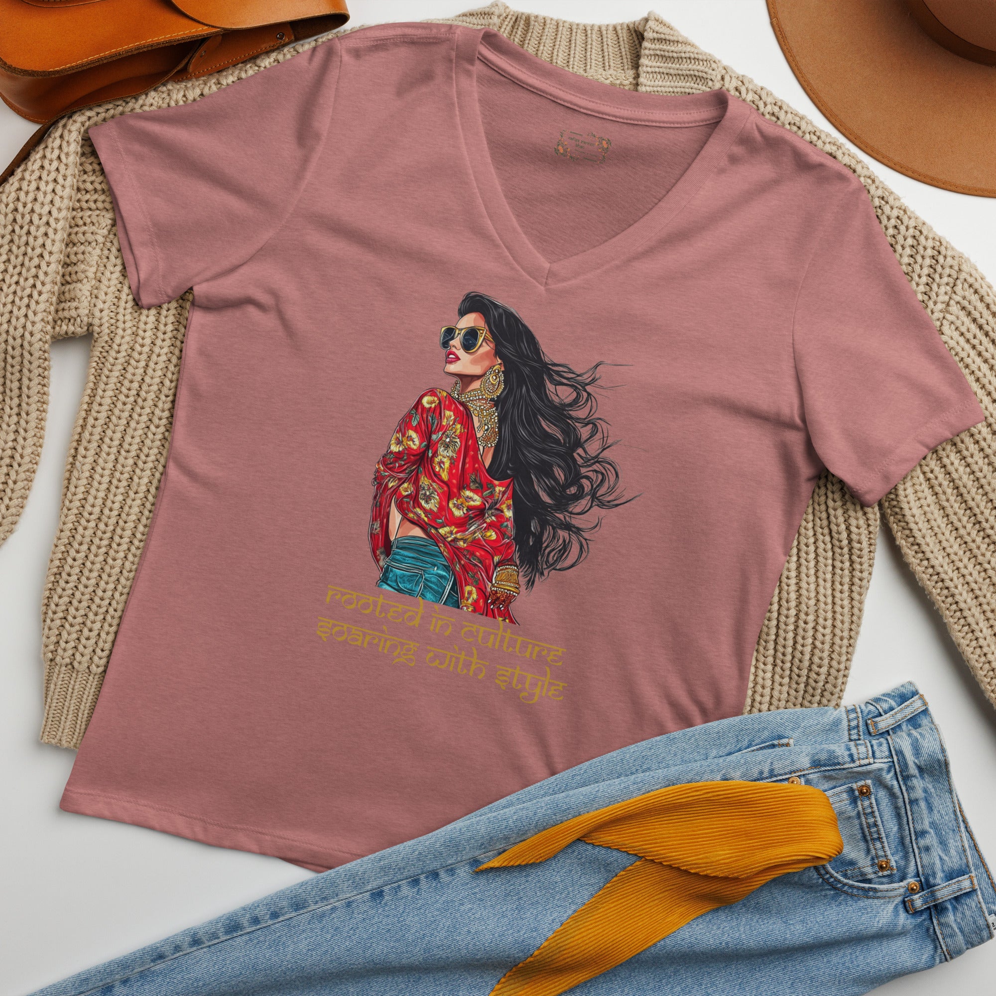 Rooted in Culture, Soaring with Style V-Neck T-Shirt – Wear Your Heritage with Confidence featuring modern Desi fashion with a fusion of tradition and streetwear style.