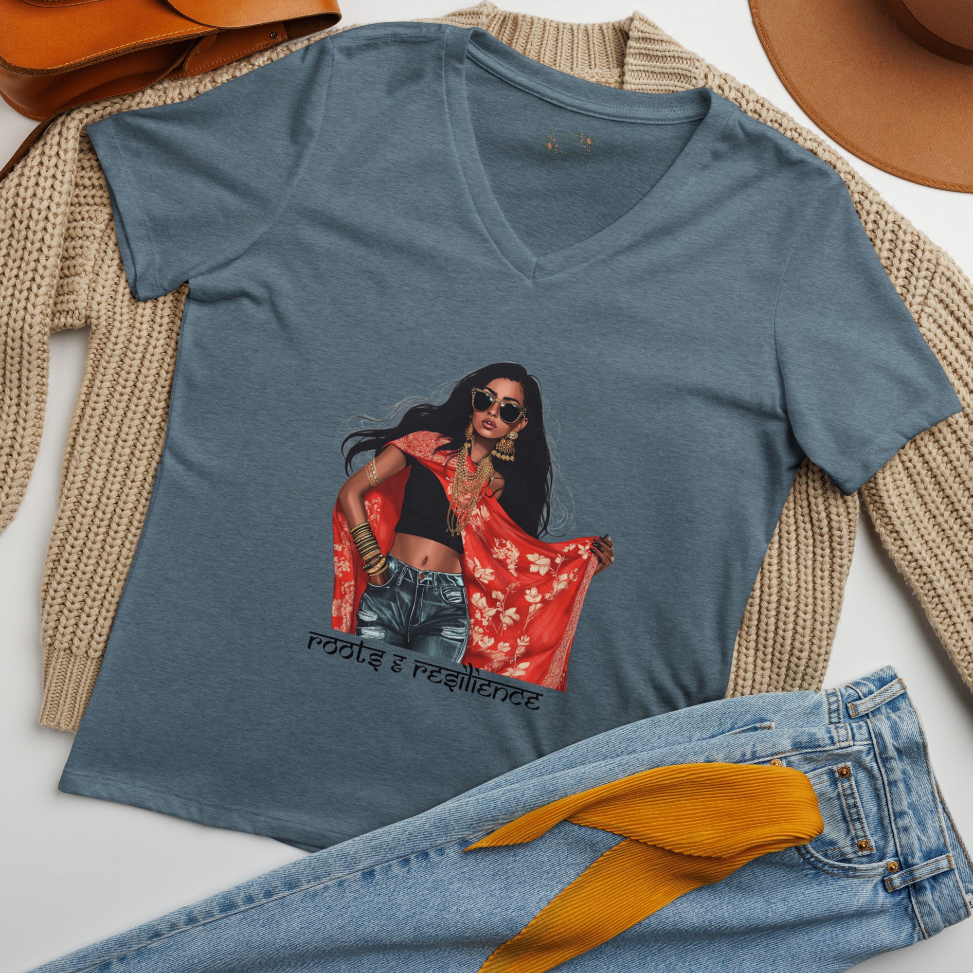 Roots and Resilience V-Neck T-Shirt featuring modern Desi fashion with a fusion of tradition and streetwear style.