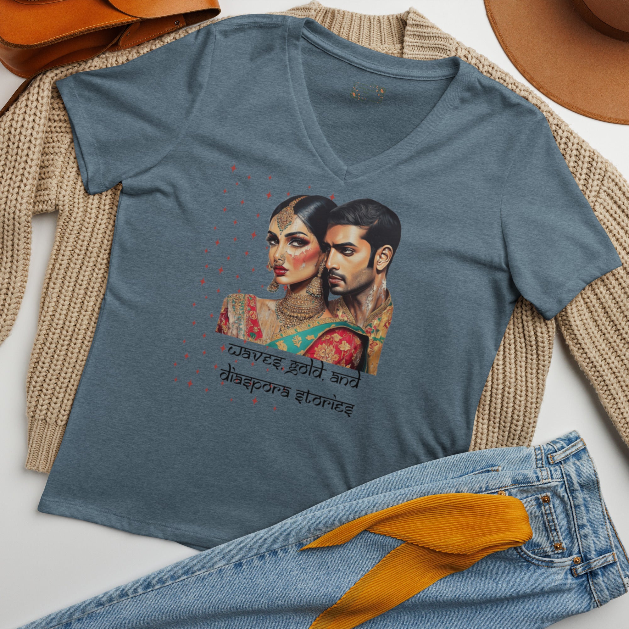 Waves Gold and Diaspora Stories V-Neck T-Shirt featuring modern Desi fashion with a fusion of tradition and streetwear style.