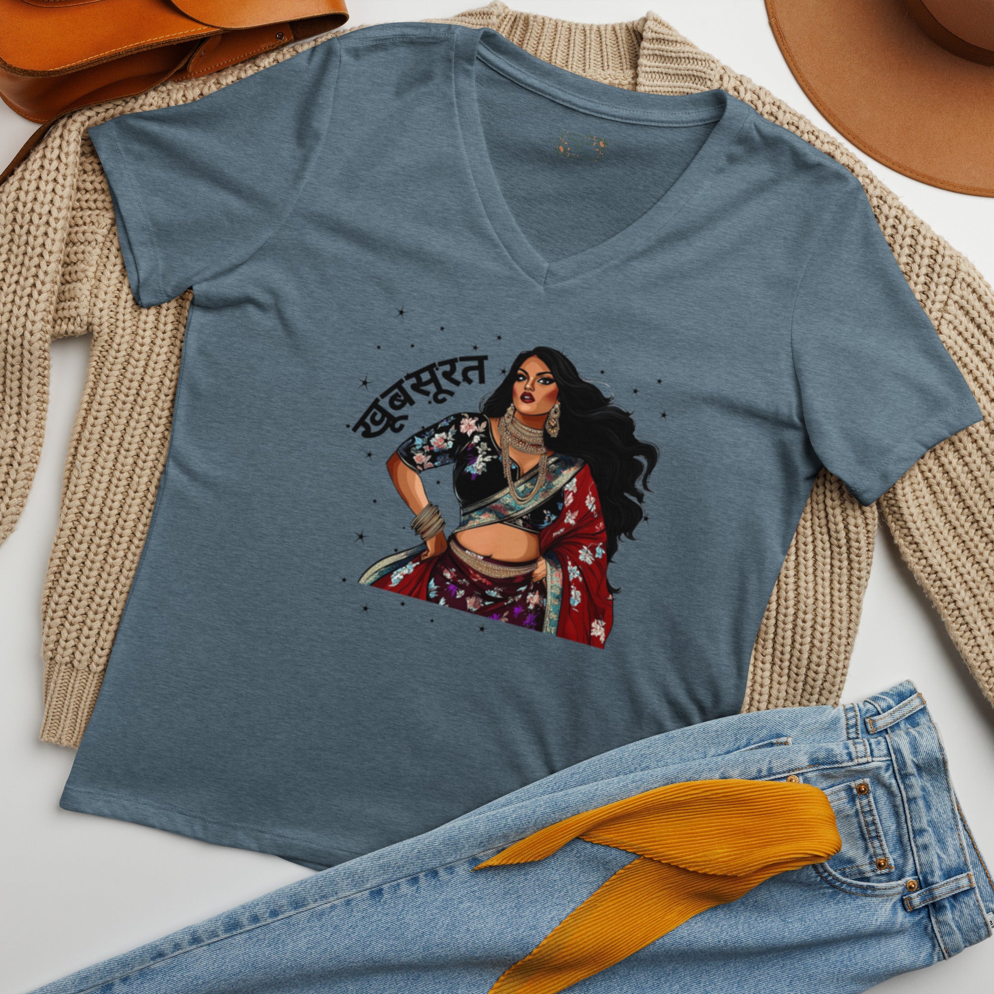 Khubsurat Beautiful V-Neck T-Shirt featuring modern Desi fashion with a fusion of tradition and streetwear style.