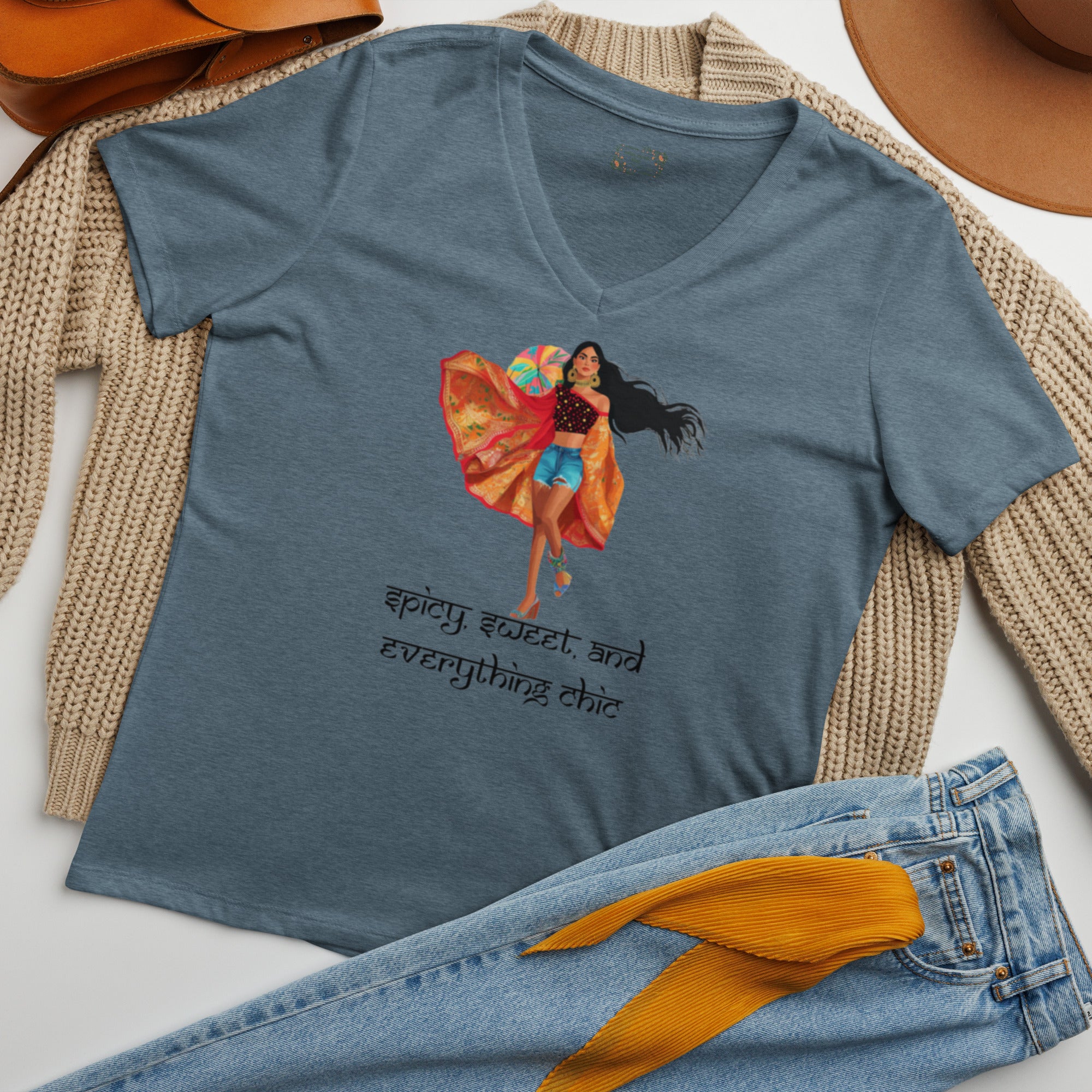 Spicy, Sweet & Everything Chic V-Neck T-Shirt – Own Your Confidence featuring modern Desi fashion with a fusion of tradition and streetwear style.