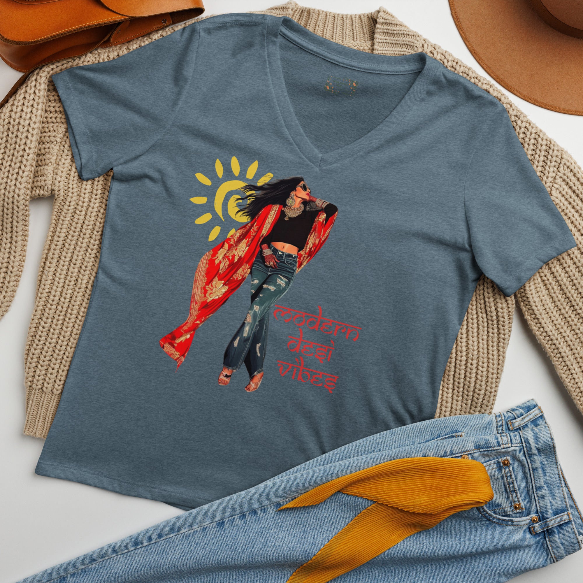 Desi Diva Energy V-Neck T-Shirt – Bold, Fearless &amp; Culturally Empowered featuring modern Desi fashion with a fusion of tradition and streetwear style.