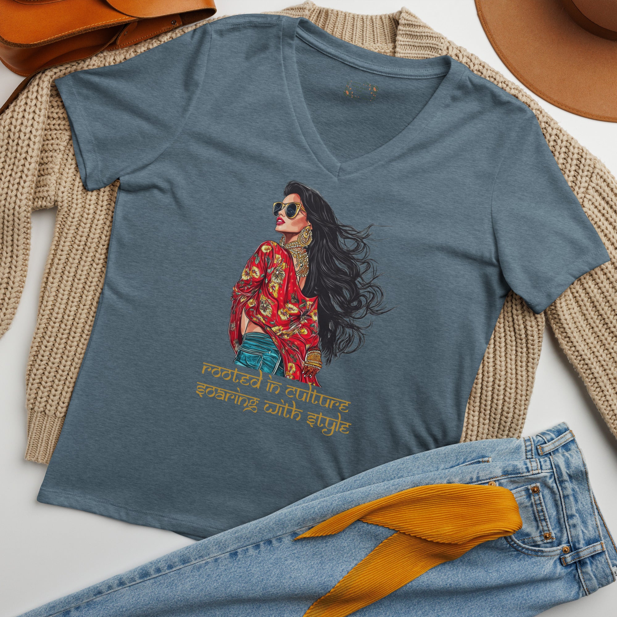 Rooted in Culture, Soaring with Style V-Neck T-Shirt – Wear Your Heritage with Confidence featuring modern Desi fashion with a fusion of tradition and streetwear style.