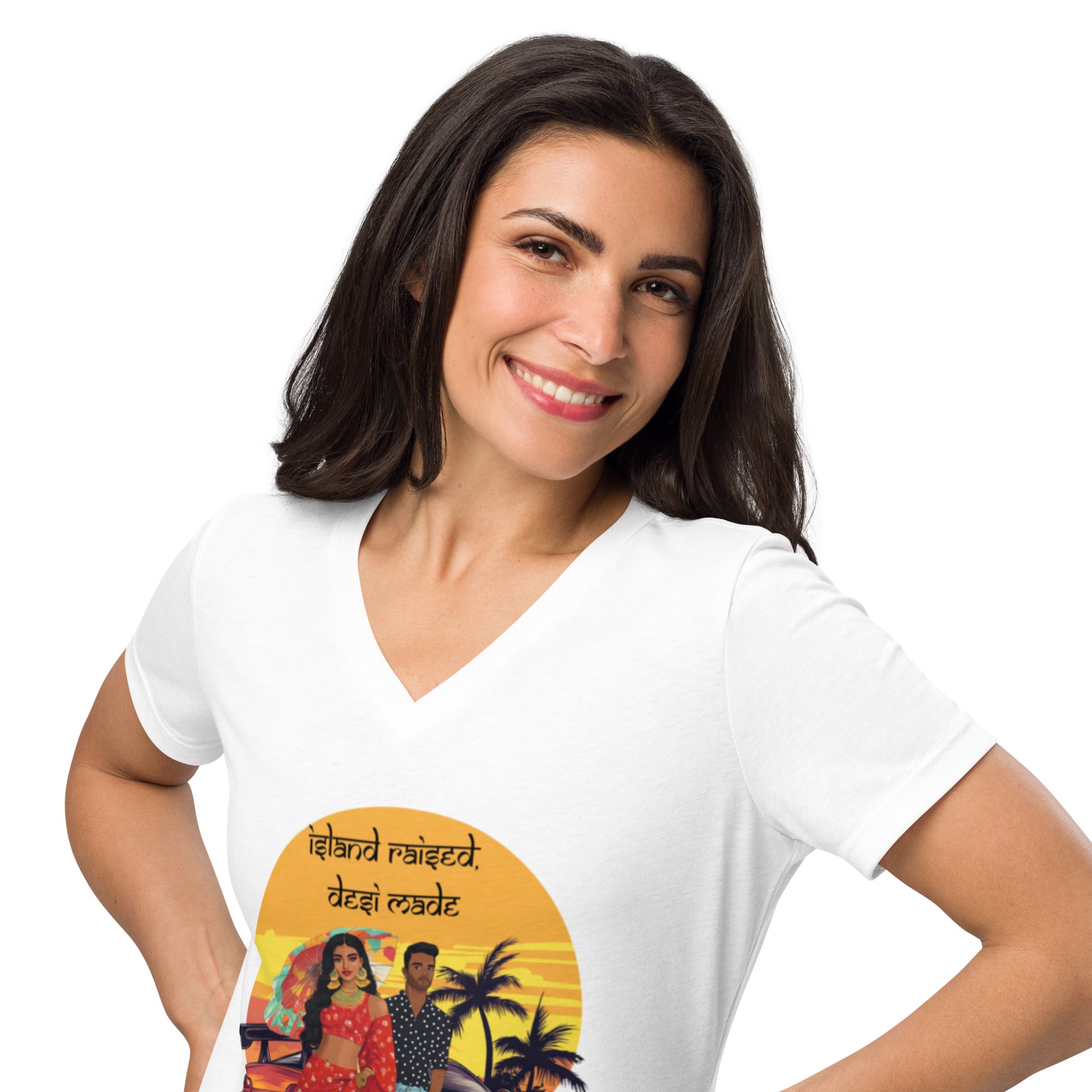 Island Raised, Desi Made V-Neck T-Shirt – Where Culture Meets Cool featuring modern Desi fashion with a fusion of tradition and streetwear style.