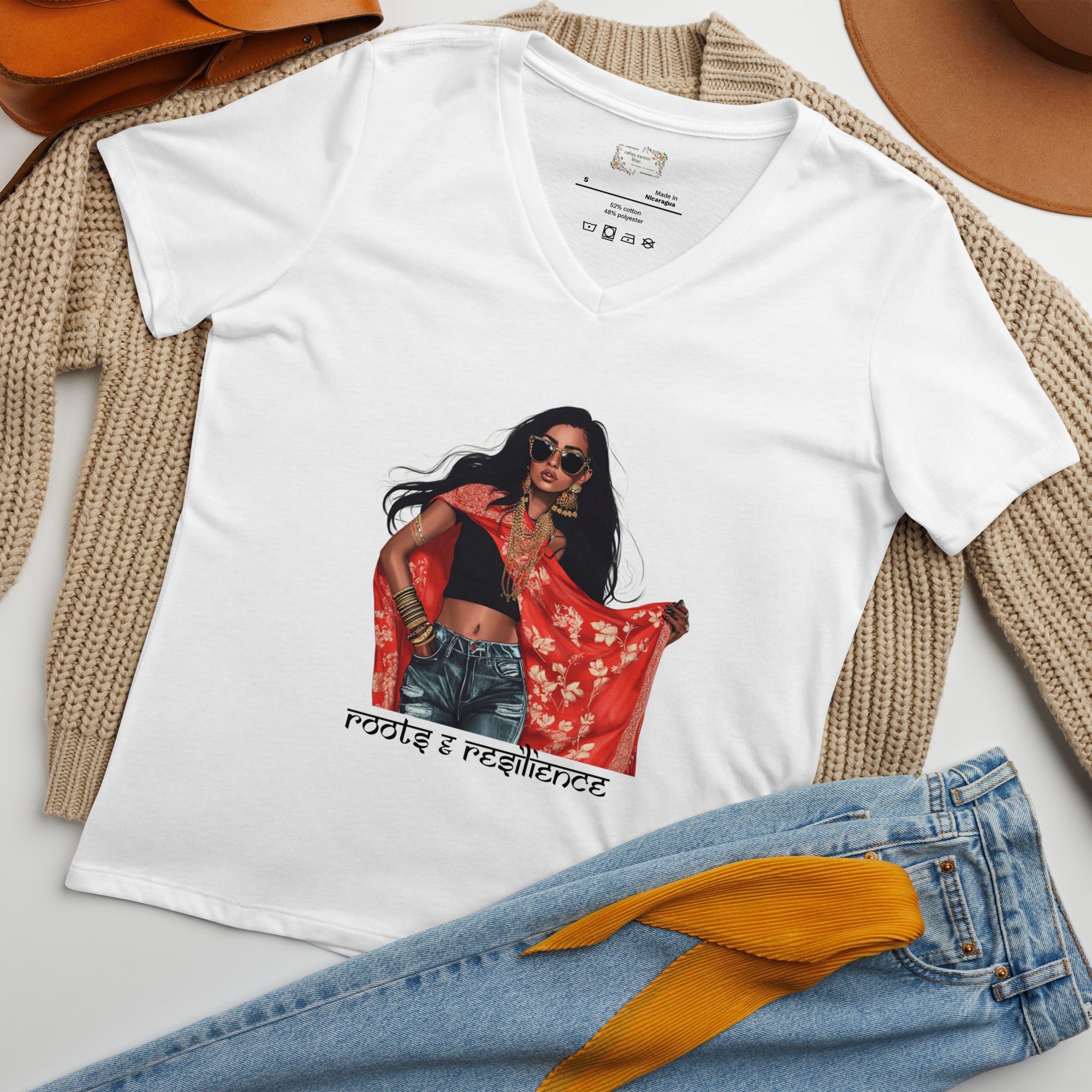 Roots and Resilience V-Neck T-Shirt featuring modern Desi fashion with a fusion of tradition and streetwear style.