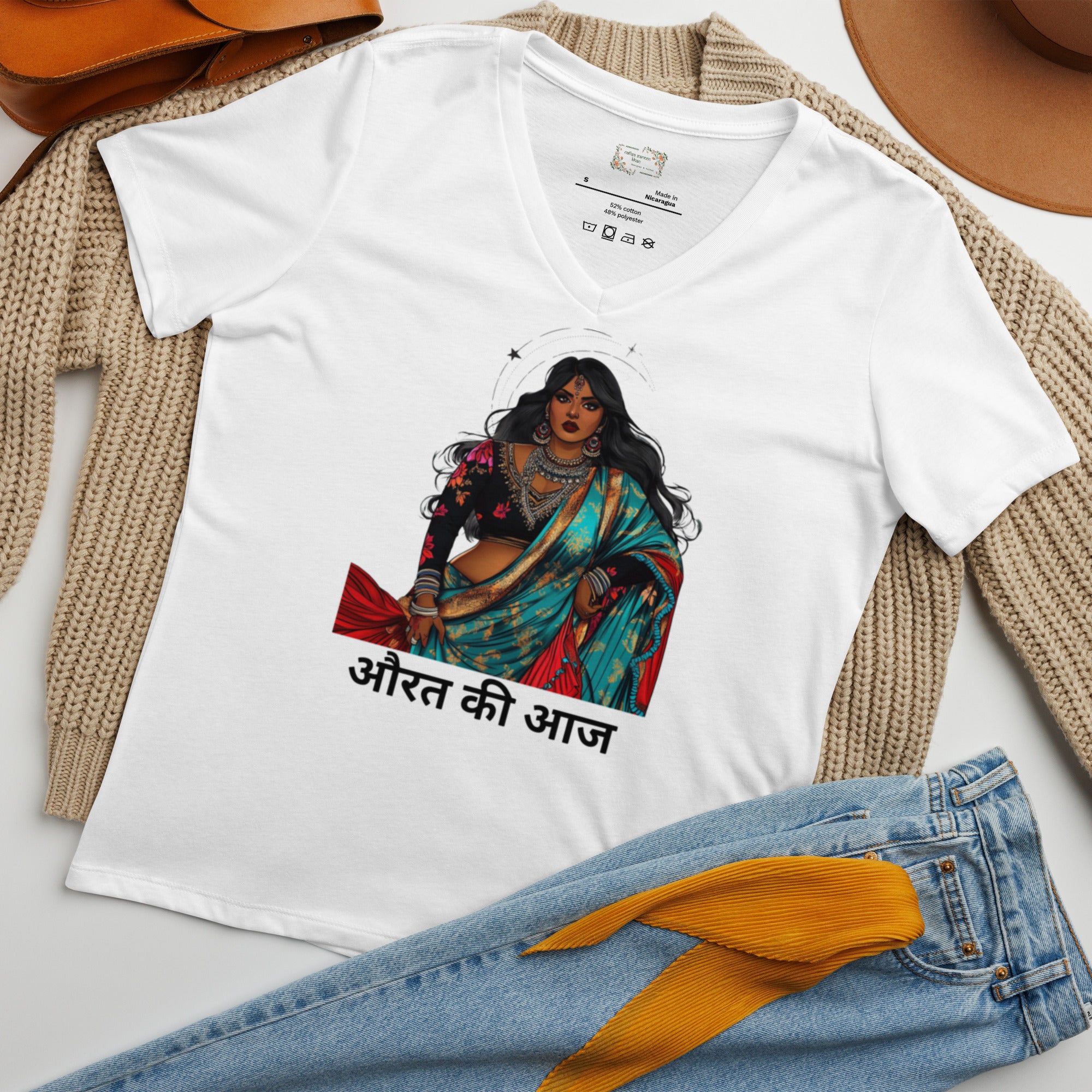 Celebrate strength, resilience, and modern femininity with the औरत की आज (Aaj Ki Aurat - Today's Woman) V-Neck T-Shirt. 