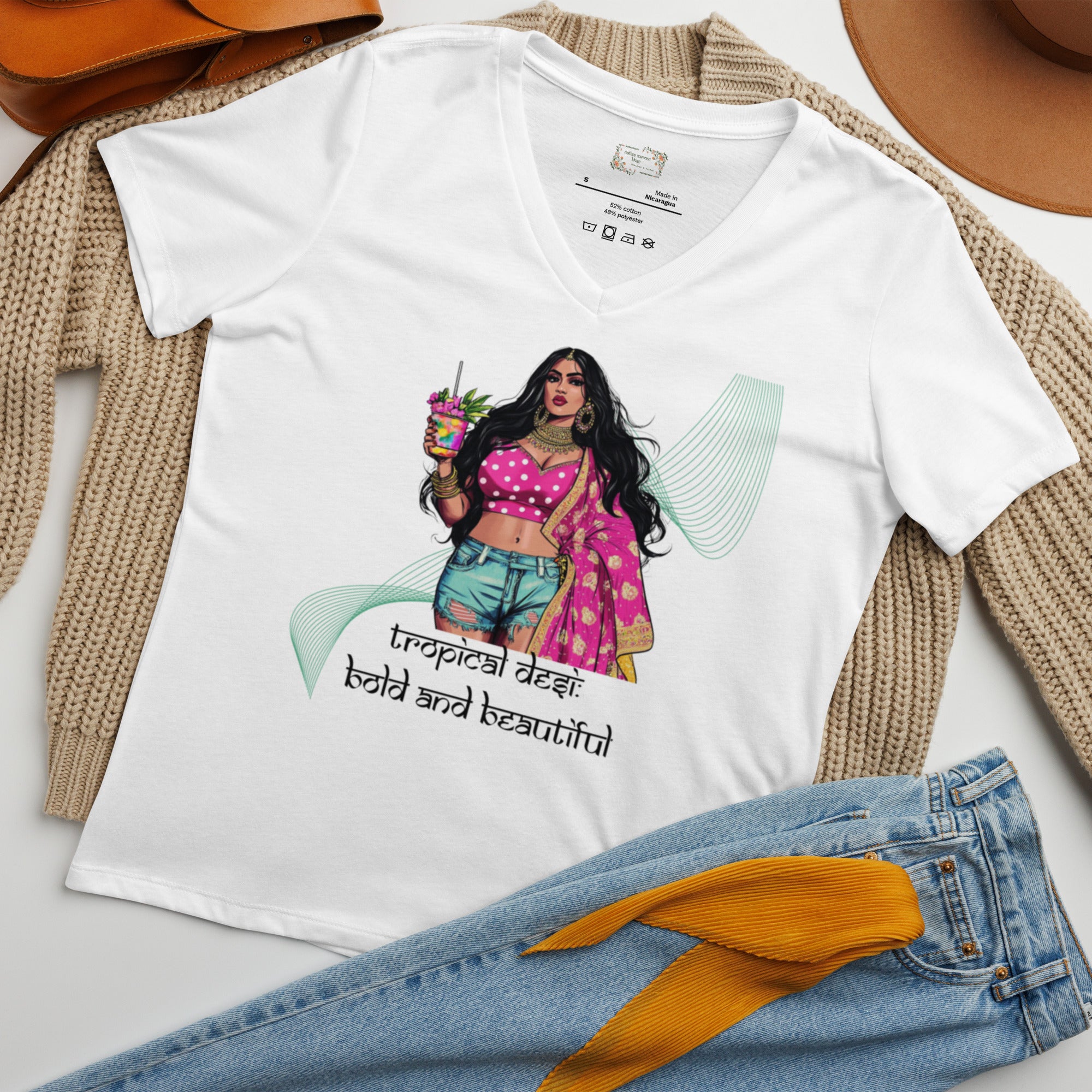 Tropical Desi: Bold and Beautiful V-Neck T-Shirt featuring modern Desi fashion with a fusion of tradition and streetwear style.