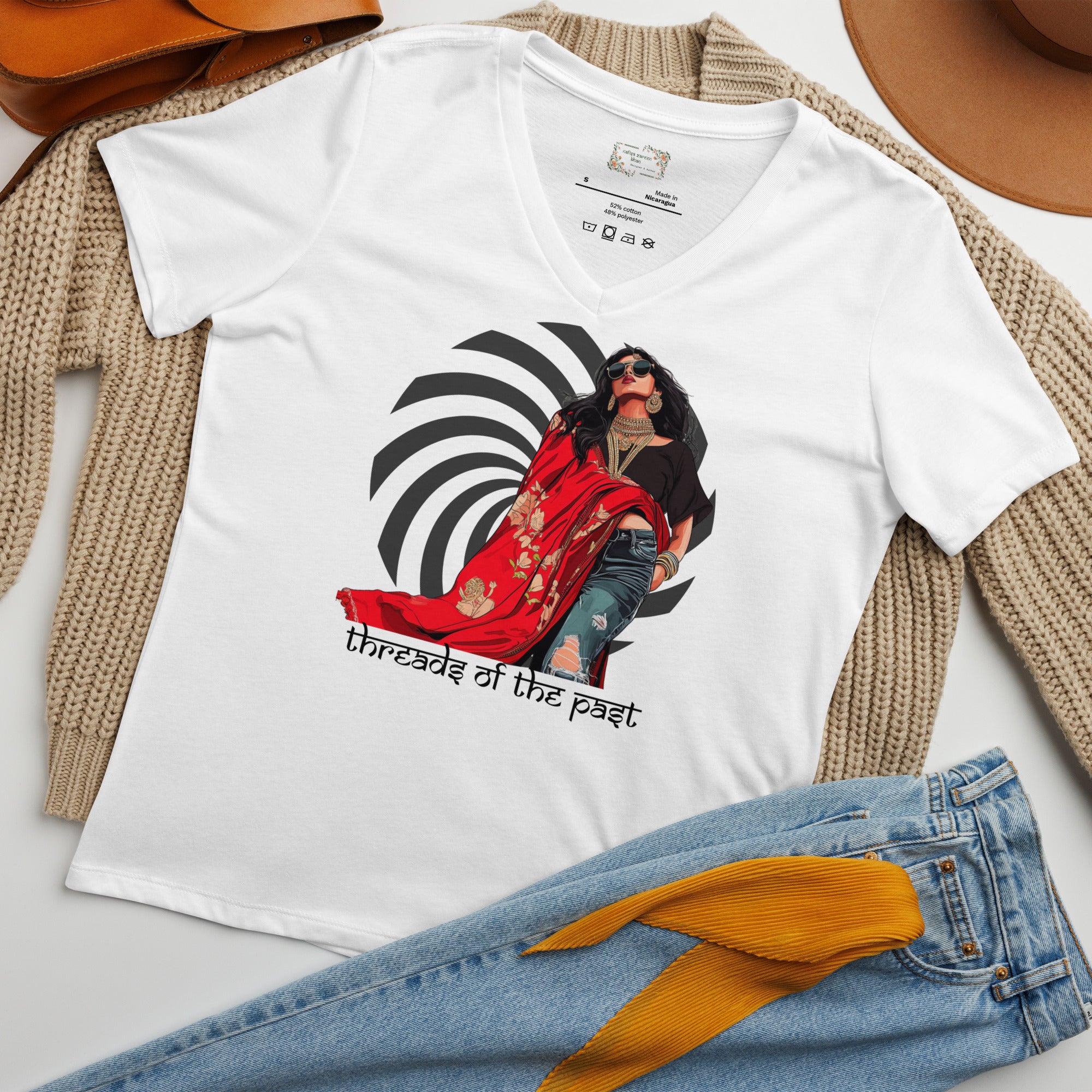 Threads of the Past V-Neck T-Shirt – Where Tradition Meets Modern Edge featuring modern Desi fashion with a fusion of tradition and streetwear style.