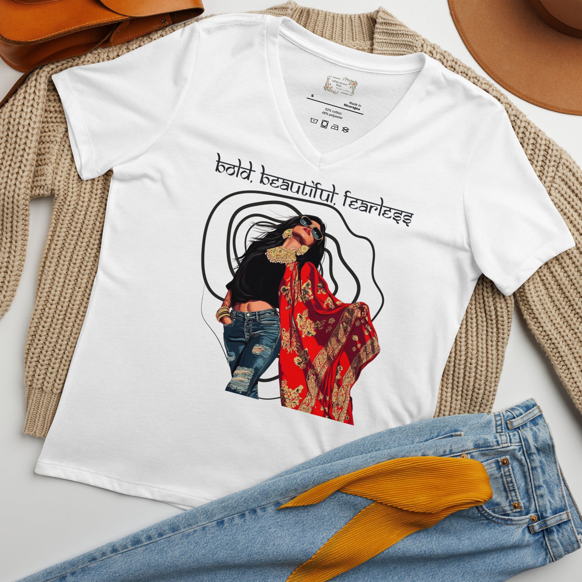 Bold, Beautiful, Fearless V-Neck T-Shirt – Wear Your Confidence featuring modern Desi fashion with a fusion of tradition and streetwear style.