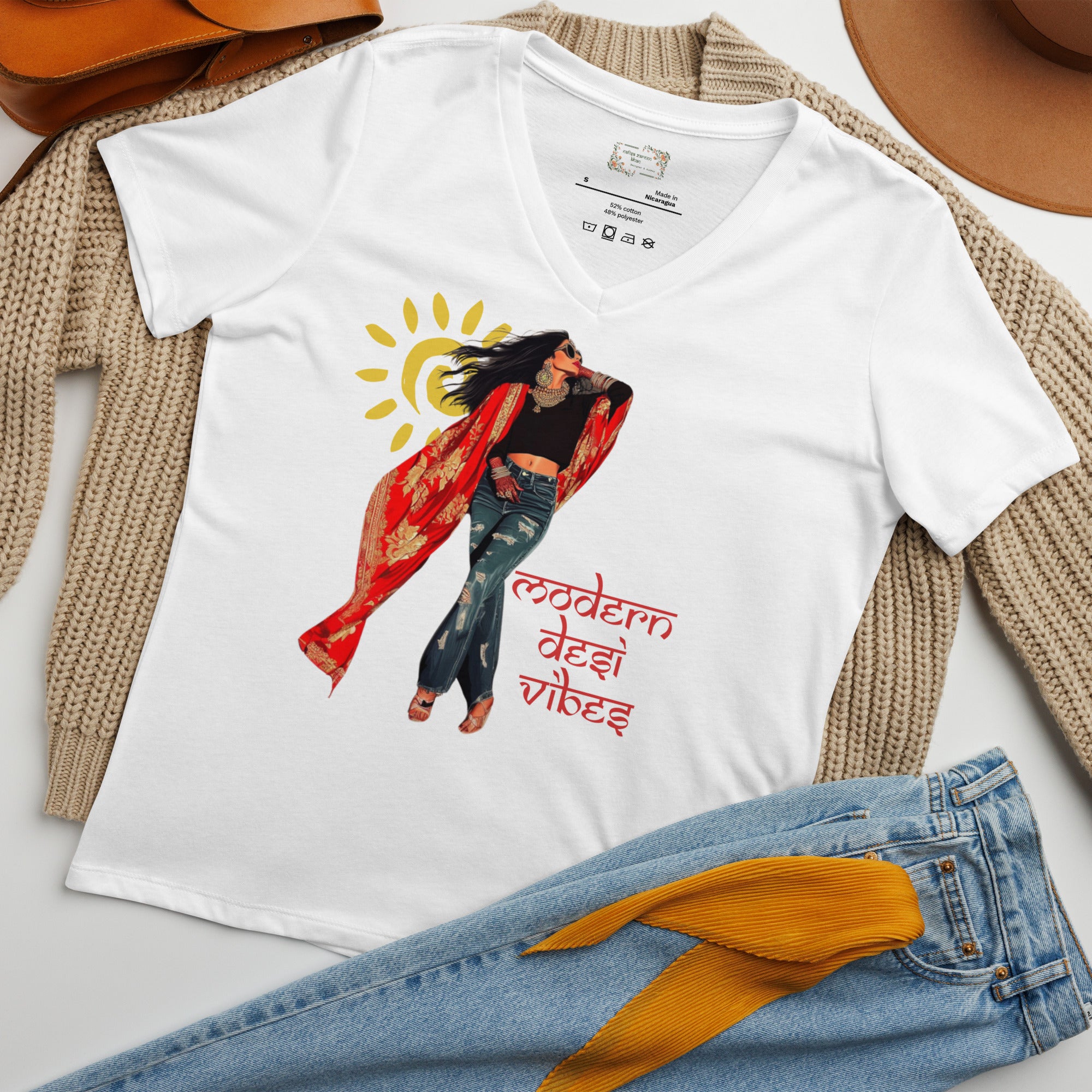 Desi Diva Energy V-Neck T-Shirt – Bold, Fearless &amp; Culturally Empowered featuring modern Desi fashion with a fusion of tradition and streetwear style.