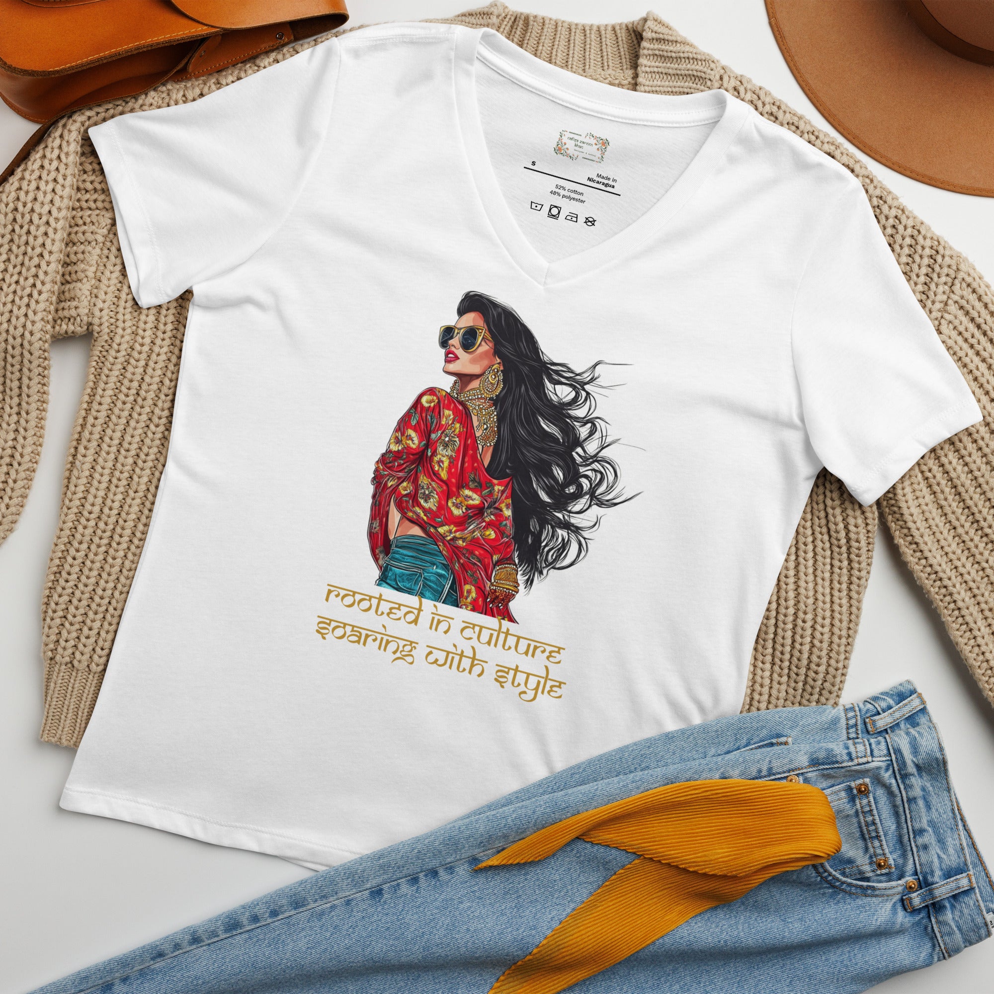 Rooted in Culture, Soaring with Style V-Neck T-Shirt – Wear Your Heritage with Confidence featuring modern Desi fashion with a fusion of tradition and streetwear style.
